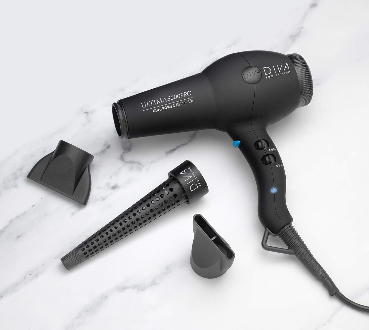 Diva Professional Styling Ultima 5000 Black Rubberised Haardroger met wand