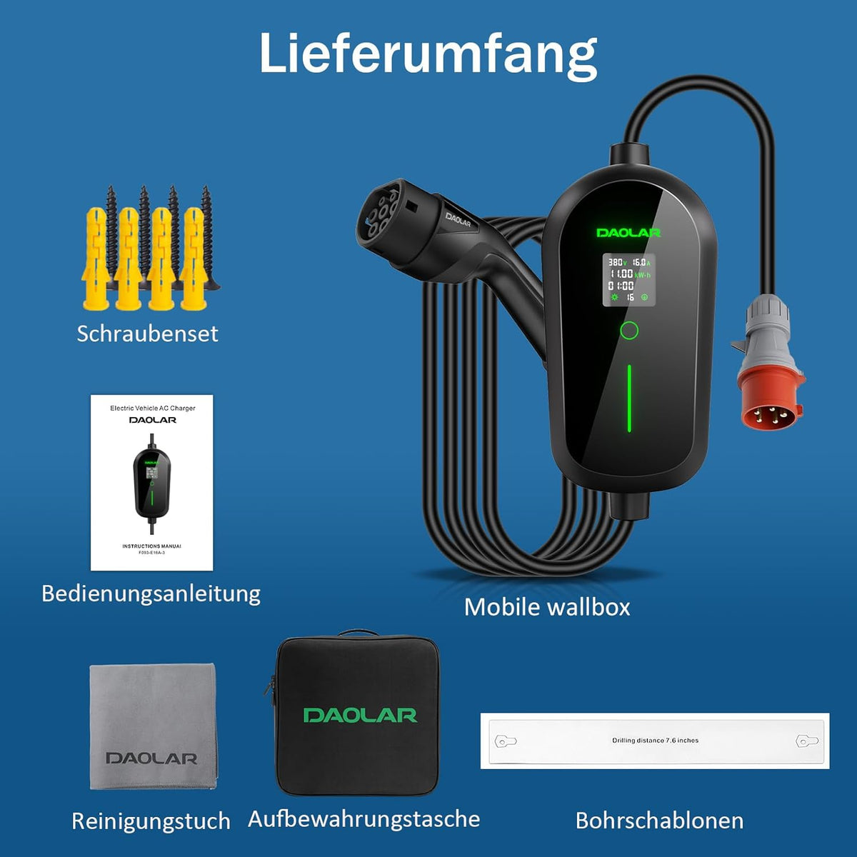 Oplaadkabel type 2 CEE-stekker met instelbaar laadvermogen, EV-oplader en mobiel laadstation/wandbox voor ID.3, ID.4, ID.5, model Y