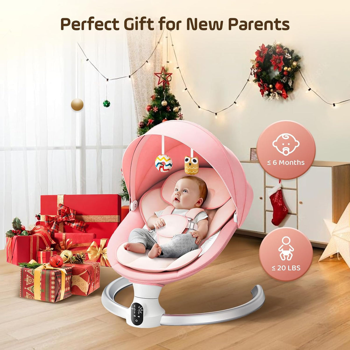 Electric Baby Rocker 0-9 kg Swing with Remote Control and Bluetooth, 5 Swing Widths and 5-Point Safety Belt, Insect Net (Pink) - QUORE