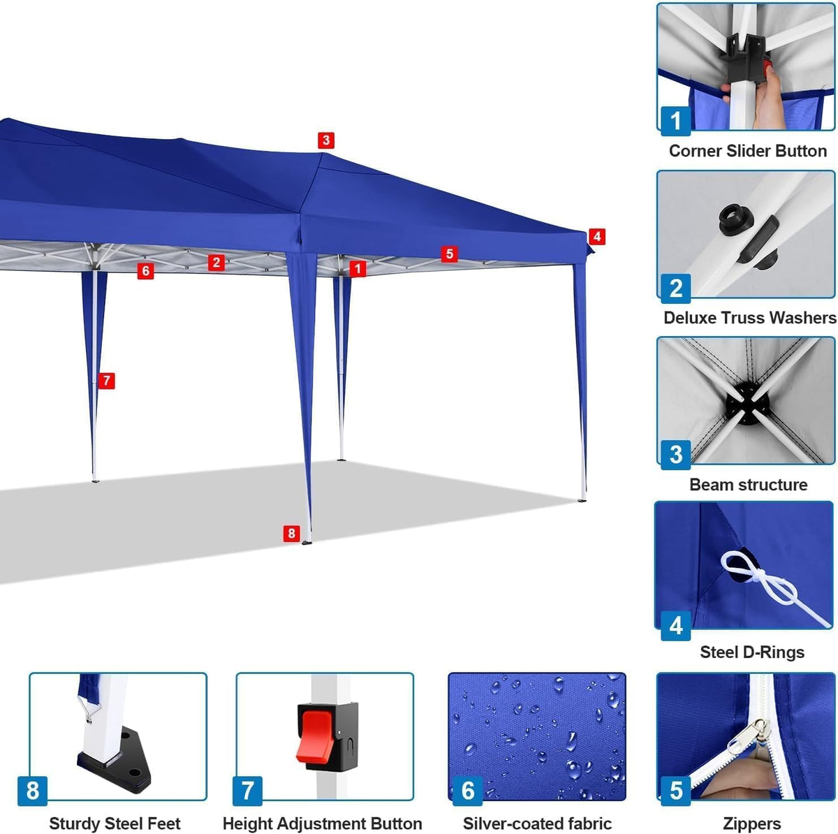 COBIZI Vouwpaviljoen, 3 x 6 cm, waterdicht, winterbestendig, pop-up paviljoen, inklapbaar, 3x6 tent met 6 zijwanden, 3 in hoogte verstelbaar, uv-bescherming, tuinpaviljoen, partytent voor markt,