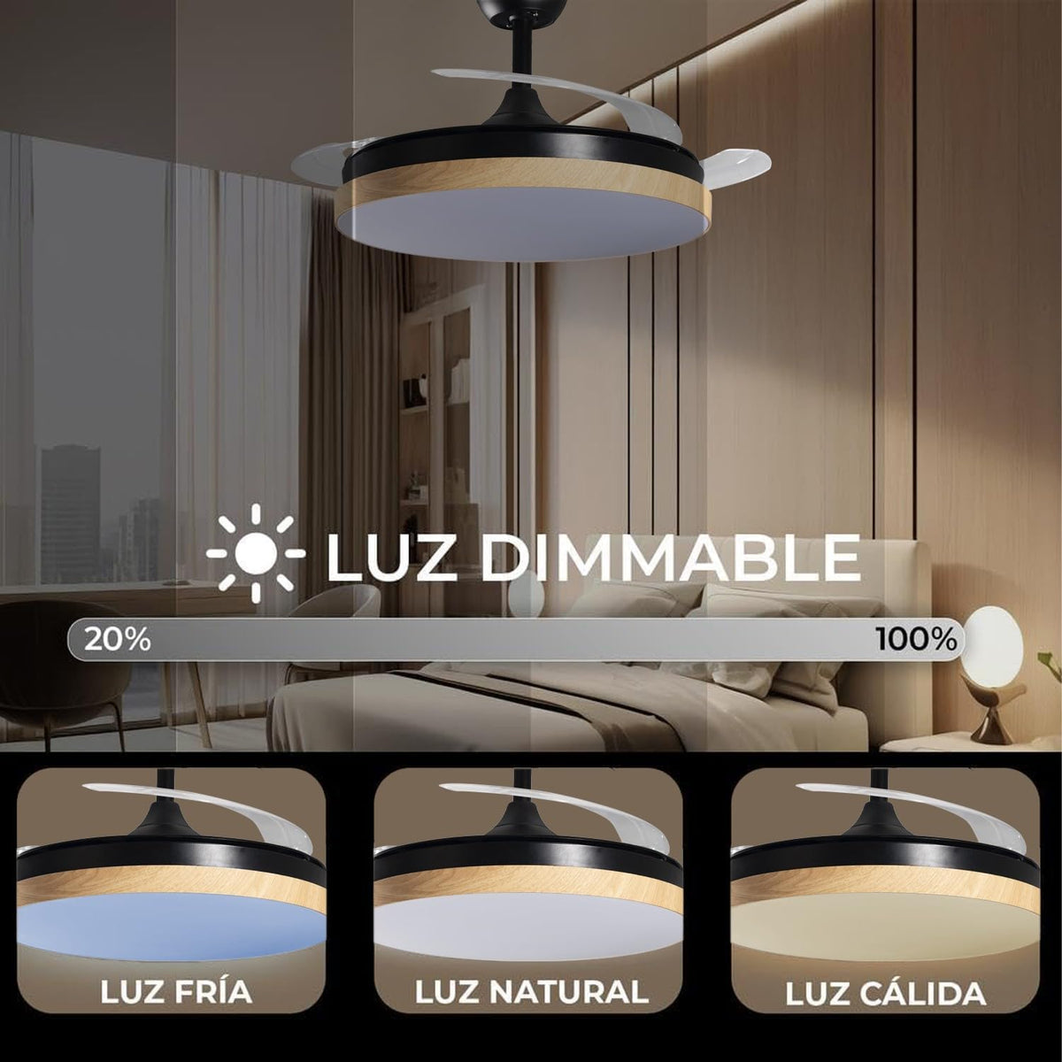 DRW Plafondventilator, zwart en hout, met intrekbare vleugels, 3 lichtkleuren en afstandsbediening, Ø 106 x 36-53 cm