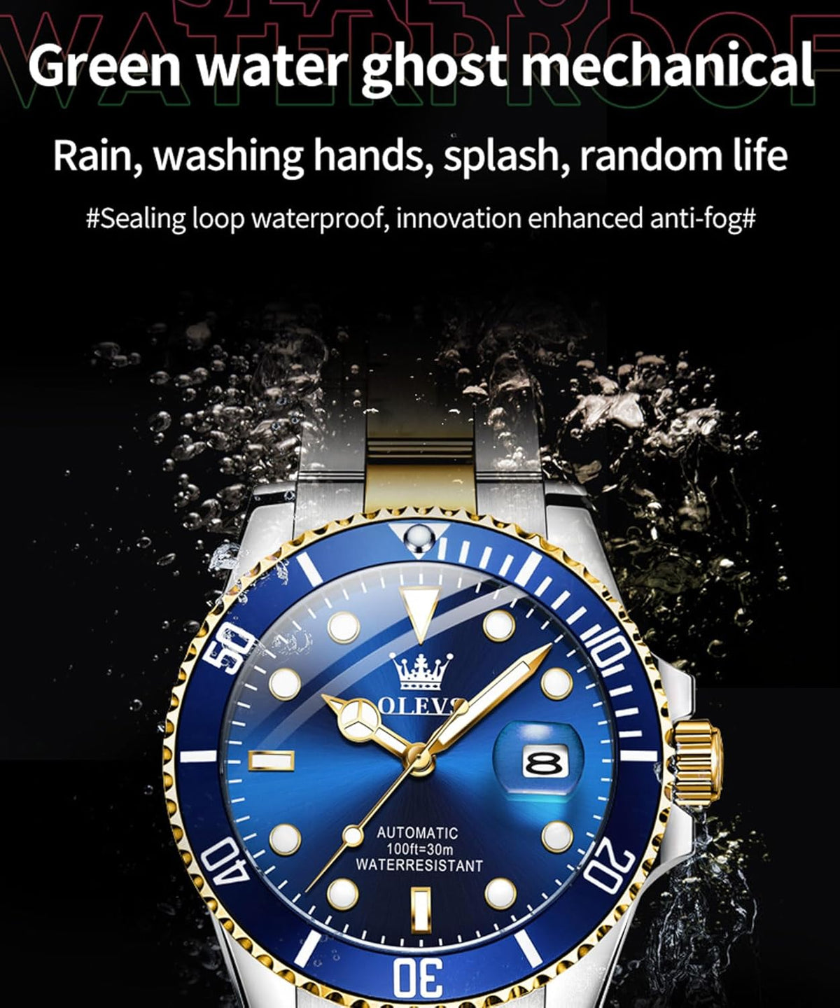 OLEVS Heren Horloge Grote Gezicht Datum Waterdicht Mechanisch Horloge Rvs Night Glow Luxe Volautomatische Mechanische Horloge