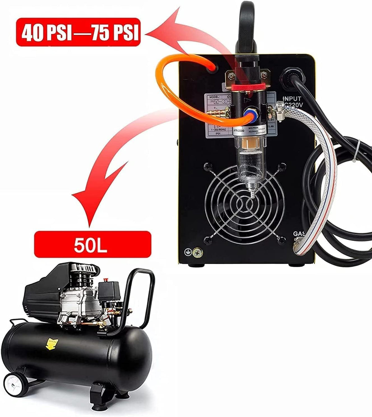 SUSEMSE Plasmasnijder, piloontsteking, 55 ampère, inverter, hoogfrequente plasmasnijder, IGBT inverter, plasmacsnijder, 230 V, snijvermogen max. tot 14 mm, met plasma-snijbrander en sproeierset
