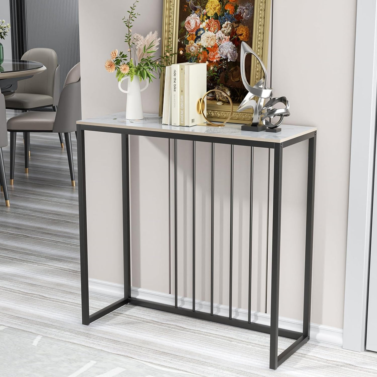 FATIVO Consoletafel, wit, 80 cm, gangtafel, marmer, salontafel, Scandinavisch, bijzettafel, moderne entreetafel met zwart metalen frame, luxe ingang, decoratieve tafel voor woonkamer, 80 x 30 x 78,5