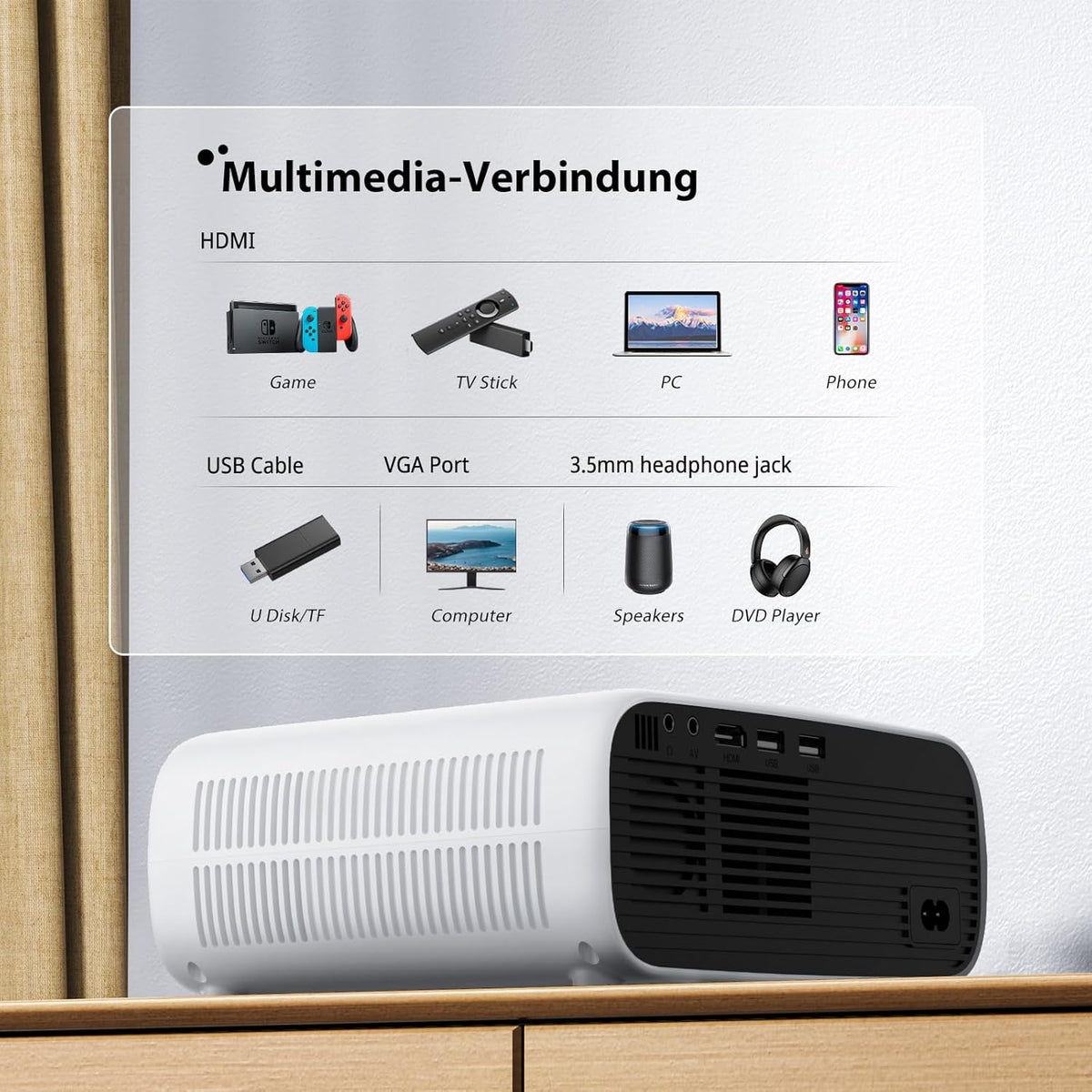 2025 high-performance projector, compatibel met Switch en PS5 zonder vertraging, projector met wifi en bluetooth, 20.000 lumen, 4K-compatibel, Full HD-resolutie 1080P, hoge helderheid