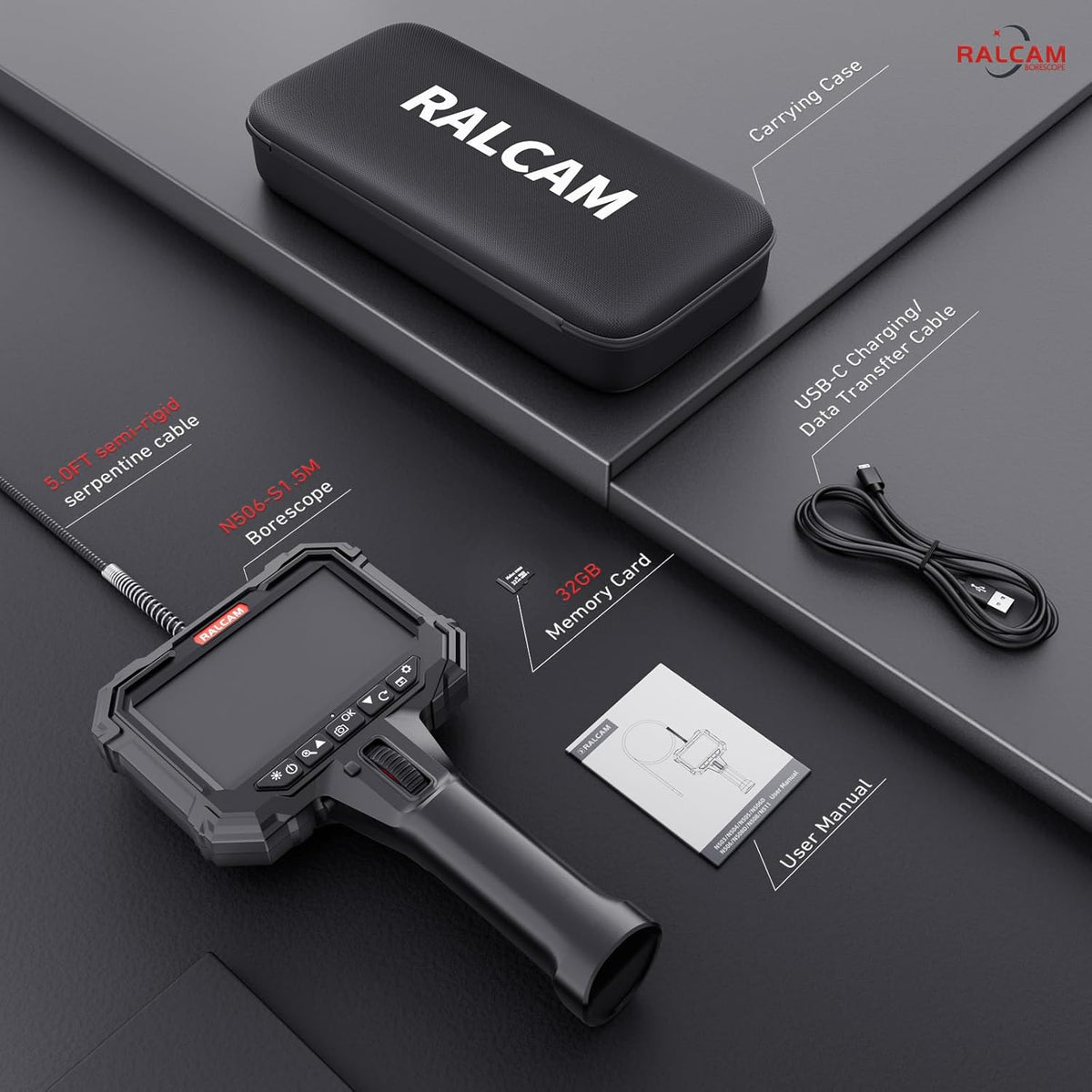 Ralcam Endoscoopcamera met licht, endoscoopcamera met 210° beweegbare kop, 6,2 mm sonde, 5 inch HD-scherm, IP67-inspectiecamera, 1,5 m elastische slangenbuis, buiscamera voor auto en huis
