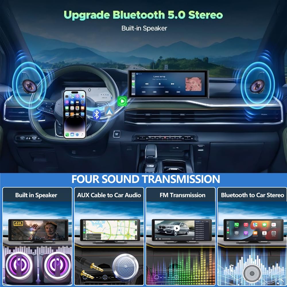 10.26" Wireless Carplay Screen 360 Rotation 4K Dash Cam Carplay/Android Car Car Stereo Car Audio Receiver with 1080p Backup Camera GPS Navigation/Mirror Link/Voice Control/Siri - QUORE