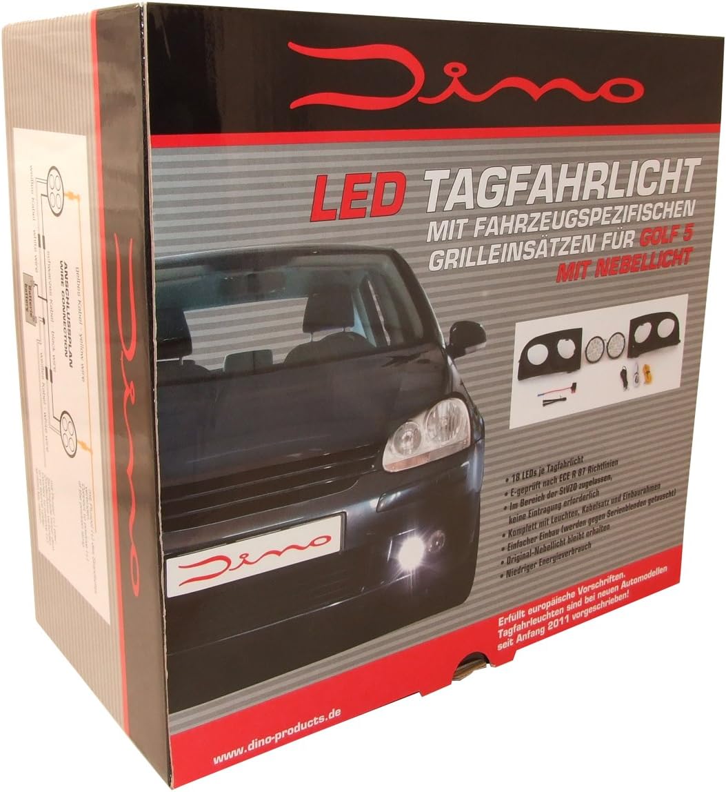 Dino 610851 dagrijverlichting, barbecue-inzetstukken ECE R87, LED, geschikt voor VW Golf 5, voertuigen met standaard mistlicht type 1K)