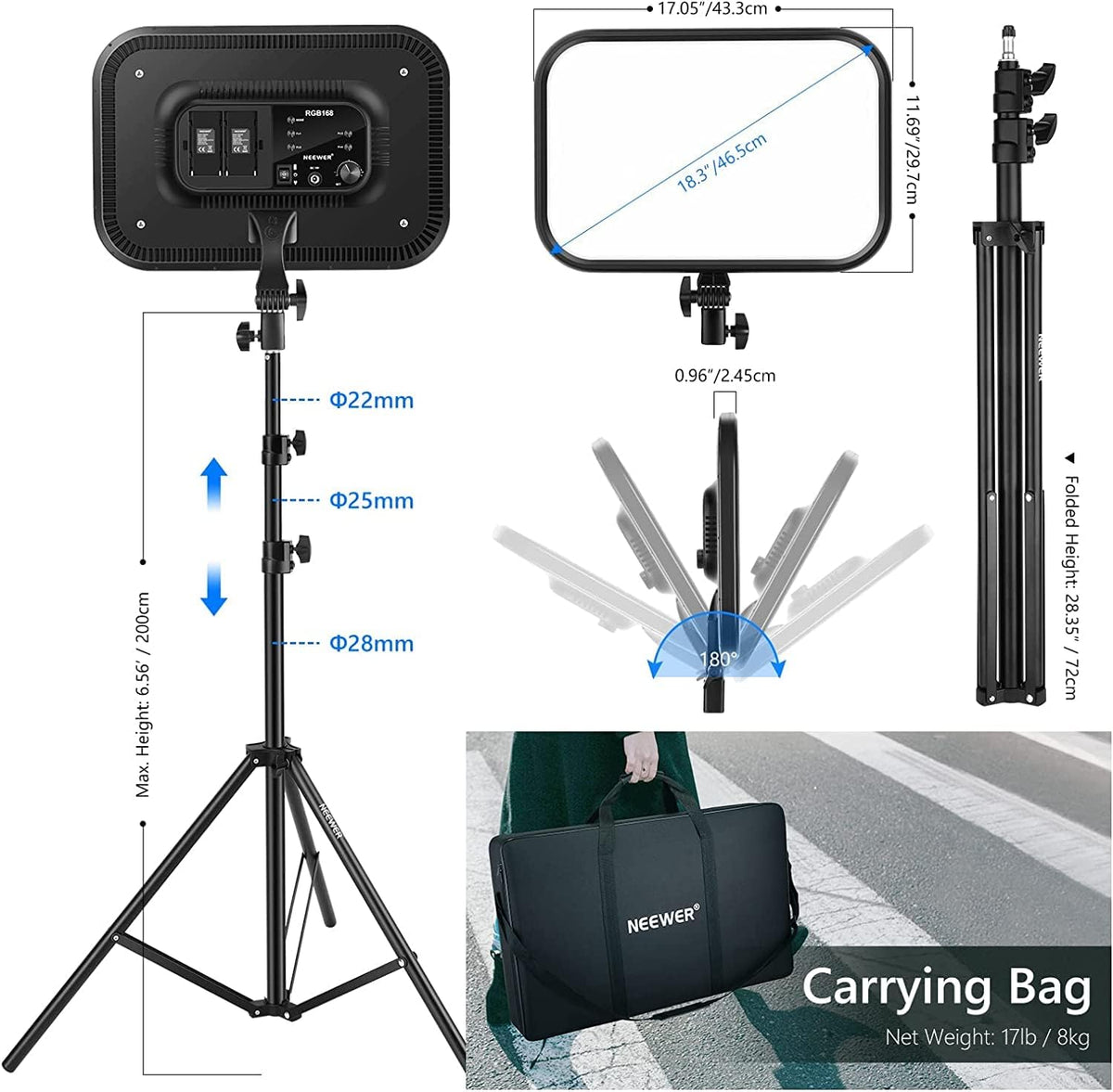 NEEWER RGB168 Videolamp, 18,3 inch, 60 W, RGB led-paneelset met statief, standaard, app-bediening, 360° volledige kleur, dimbaar, 2500K-8500K RGB videolicht/CRI 97+/17 scèneeffecten, studio-continu