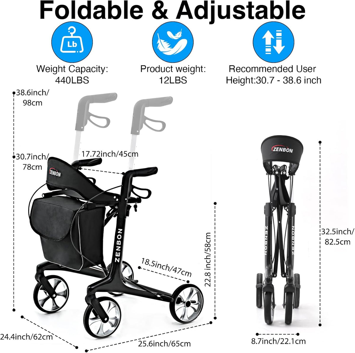 Roltor Walker | Met zitting | 150 kg draagvermogen | 4 grote wielen | lichtgewicht koolstofvezel ondersteuningsframe | dubbele handremmen | In hoogte verstelbaar | Voor volwassenen/senioren