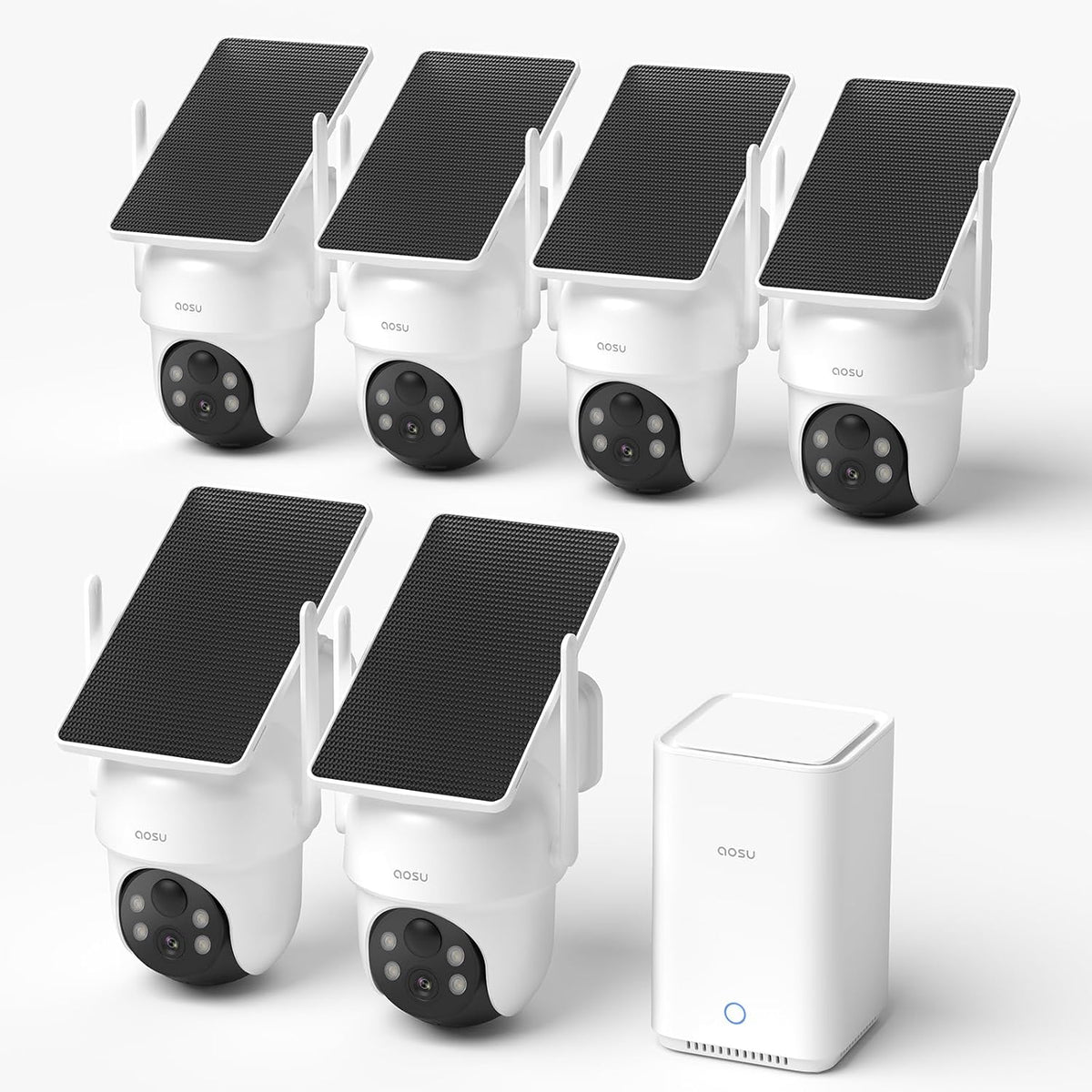 aosu 3K Wifi-camera voor buiten, draadloos, kit met 6 camera's, HomeBase 2e generatie, tot 1TB (32 GB geïntegreerd), zonder abonnement, 360° PTZ auto-tracking AI persoon/voertuig nacht in kleur