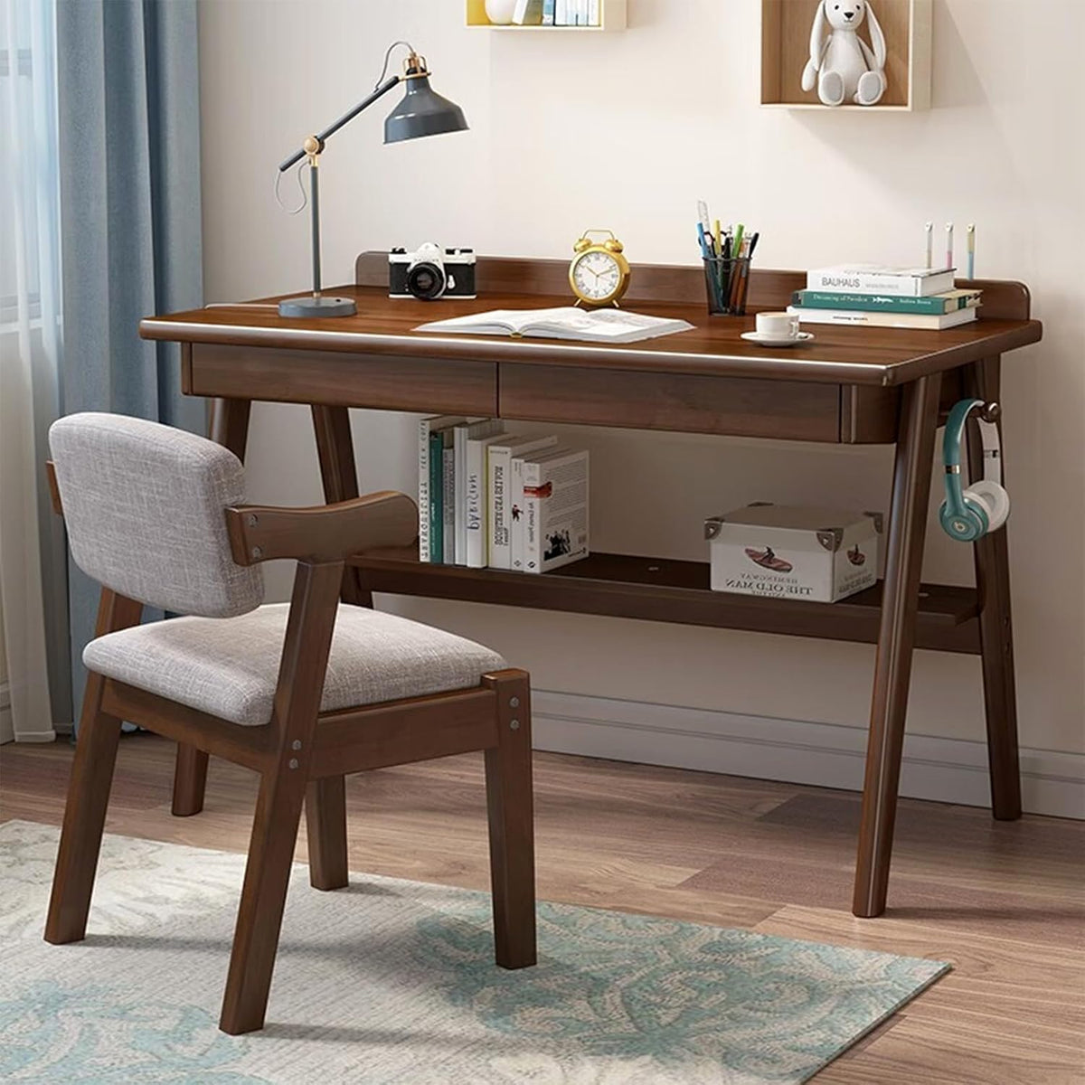 Bureau met 2 Laden, Computer Bureau, Walnoot Massief Houten Bureau, Werktafel om Studeren en Schrijven, PC-Tafel voor Thuis en Kantoor, 120 x 60 x 75 cm, Walnoot