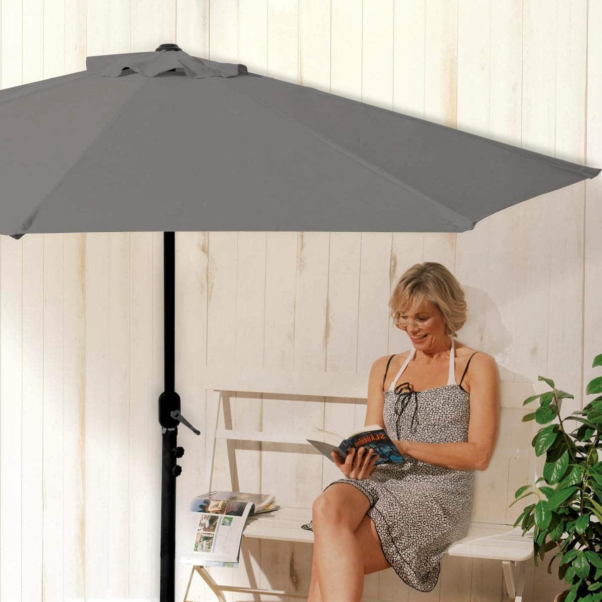EASYmaxx Parasol voor balkon/terras, halfrond, kan precies aan de muur worden geplaatst, met praktische handslinger, uv-bescherming 40+, 270 x 130 cm, modieus grijs, grijs, Groß, halfrond