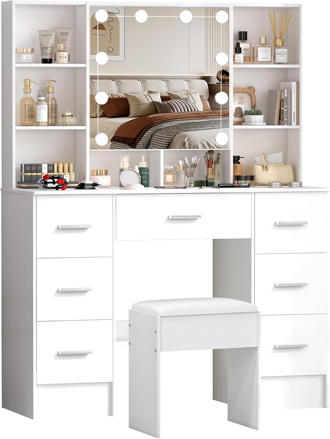 Large Dressing Table with Lights and Stool, 3 Colour Temperatures and Adjustable Brightness, Dressing Table with Mirror for Makeup, Makeup Table with 7 Drawers, Modern, White - QUORE