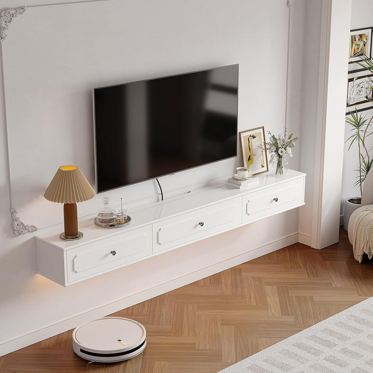 Retro drijvende tv-console met 3 deuren, 47" hoogglans drijvende tv-standaard, wandgemonteerde tv-kast, hedendaagse drijvende mediaconsole voor onder tv-opslag, woonkamer, slaapkamer (wit)