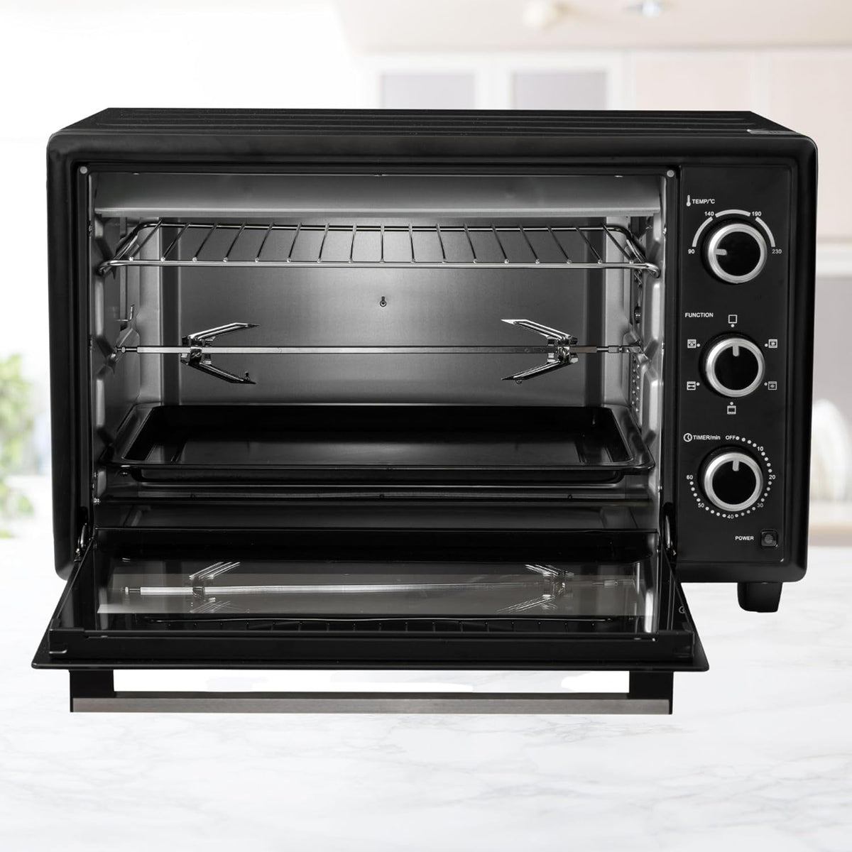 ICQN 50 liter mini oven | 1400 W | Circulerende lucht | Pizzaoven | Dubbele beglazing | Braadspit | Timer | Inclusief bakplaten set | Elektrische mini-oven | 40 ° -230 ° C | Geëmailleerd | zwart