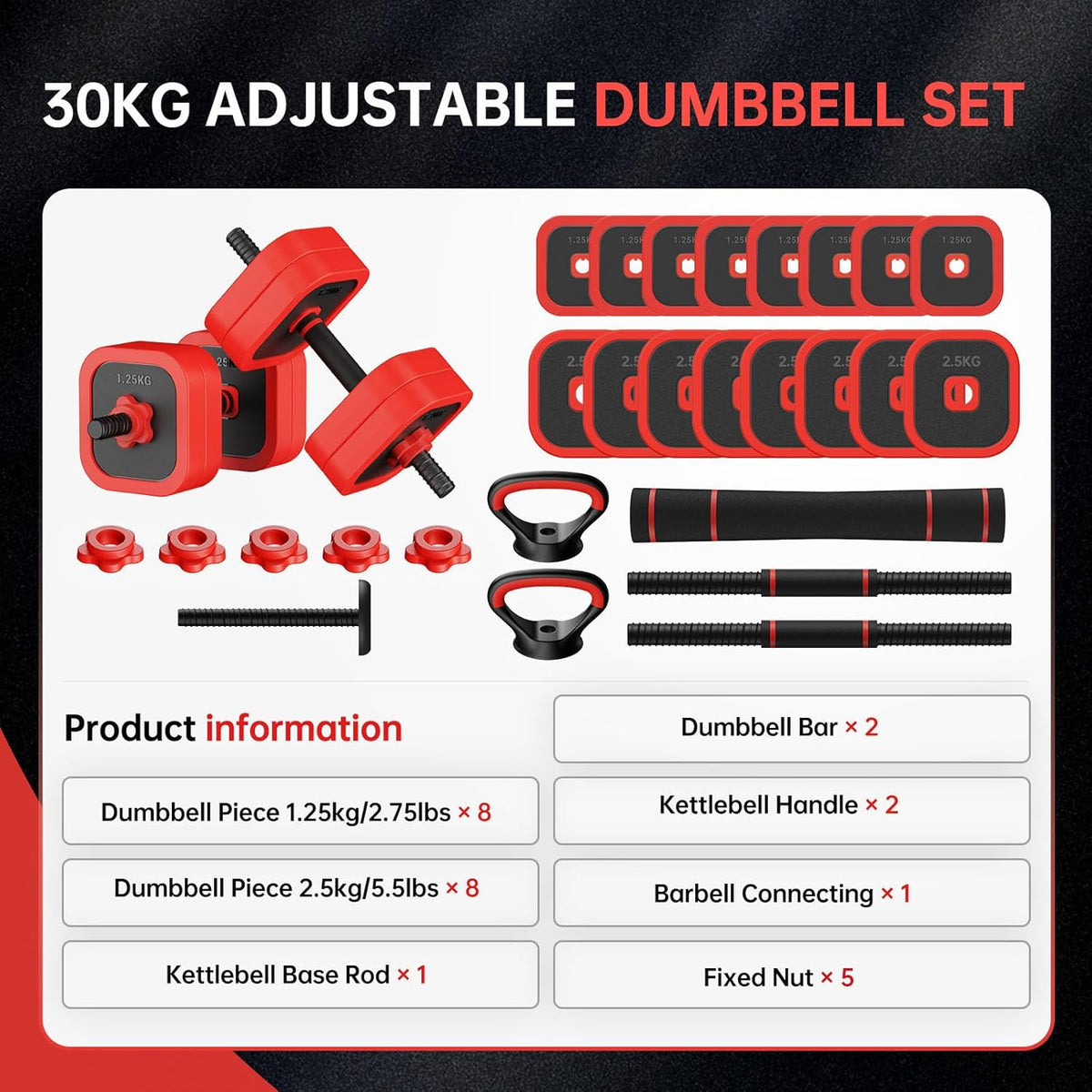JOROTO 10KG/30KG Verstelbare Dumbbell Set 4-in-1-Dumbbells, Barbell, Kettlebell & Push-Up Stand met 8x1,25KG + 8x2,5KG IJzerzand Platen, Antislip Greep, Compact voor Thuisgym, Krachttraining & Fitness