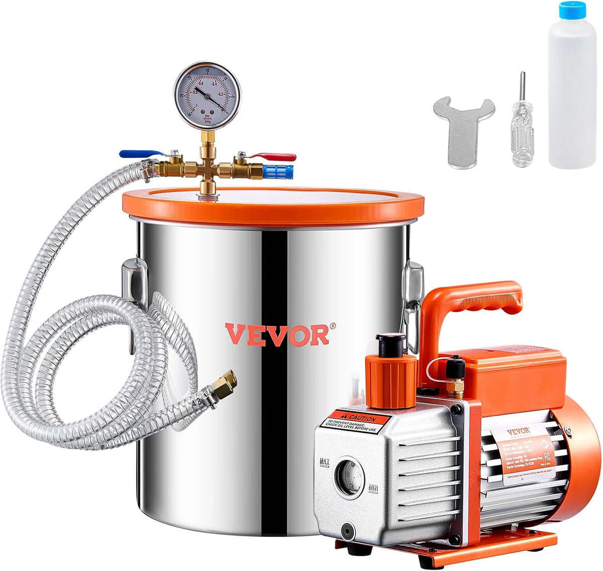 VEVOR 5 gallon vacuum chamber and 3.5 CFM pump kit, stainless steel chamber, single stage vacuum pump degassing chamber kit, with acrylic lid, oil, 1.5m hose, for degassing resin silicone epoxies