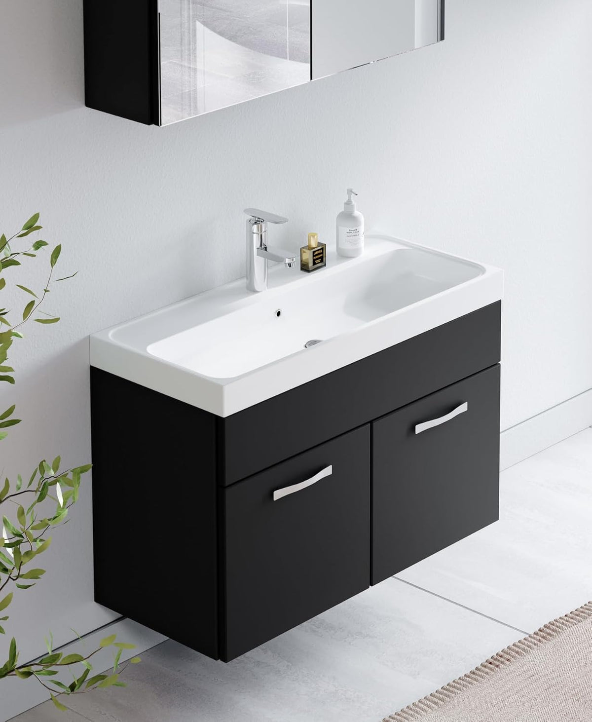 Paso 02 bathroom furniture set, 80 cm, washbasin, matt black, base cabinet, cabinet, sink, mirror cabinet, cabinet - QUORE