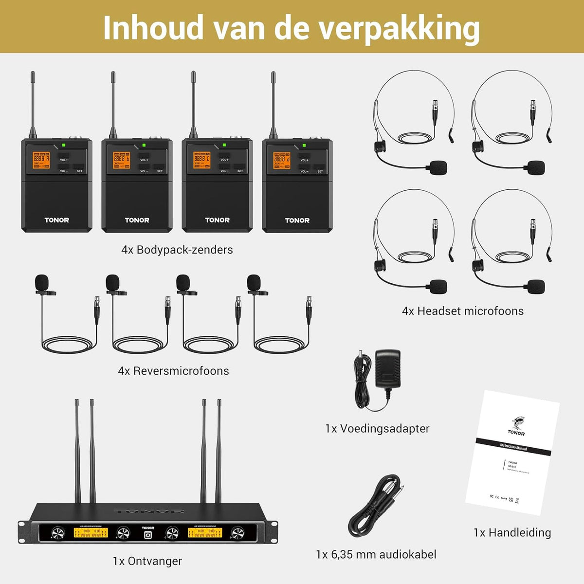 UHF Draadloos Microfoonsysteem Met Headset En Lavalier Microfoons – Draadloze Microfoonset – Headset Microfoon – Lavalier Microfoon – Bodypack Zender – Tot 90 Meter Bereik – 20 Instelbare Frequenties