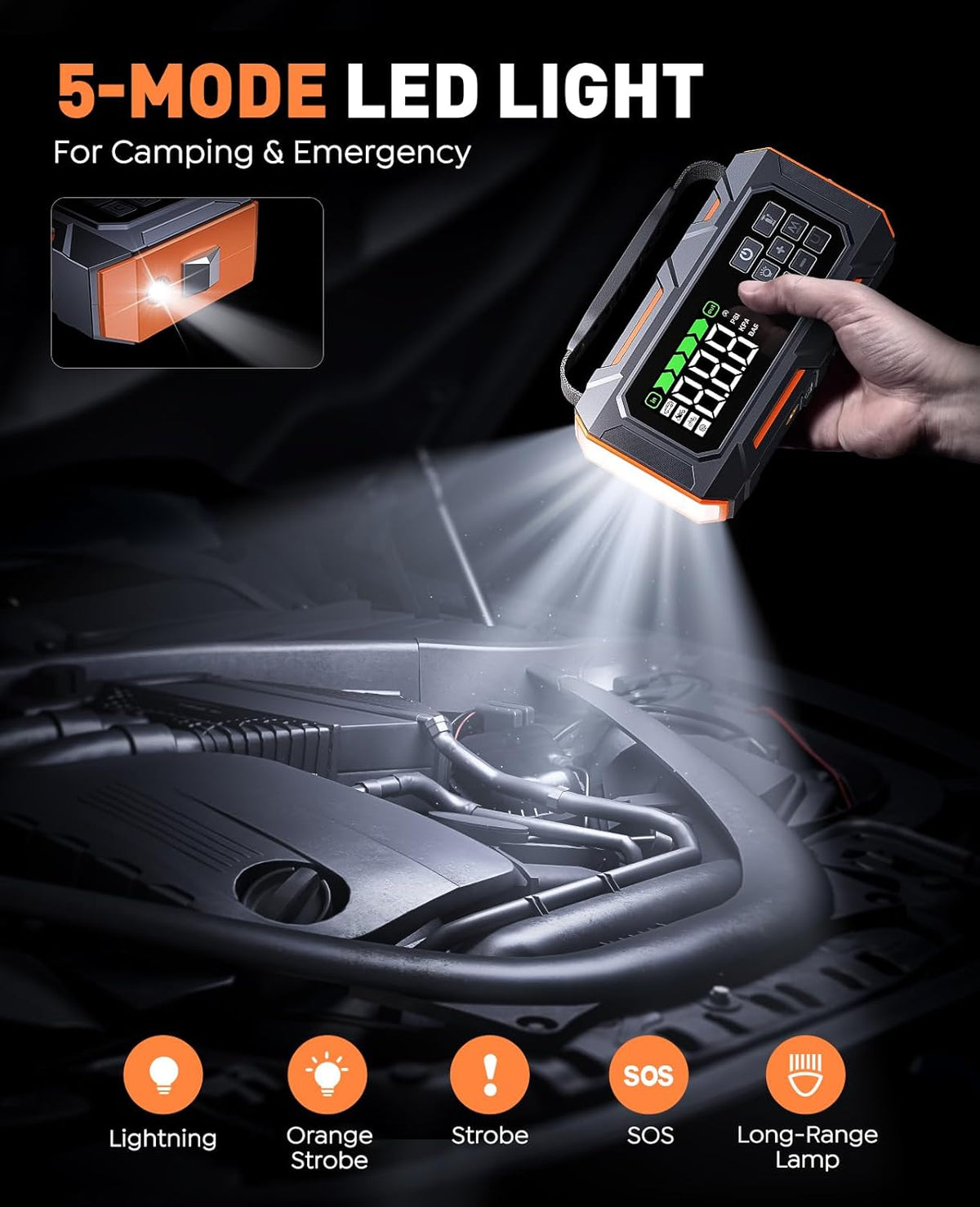 Starthulp Powerbank – Auto Booster – Noodstarter – Accu Starter – Powerbank 26800mAh – 7000A Piekstroom – Ingebouwde Compressor 160 PSI – 14-in-1 Noodkit Met 5 LED Lichtstanden