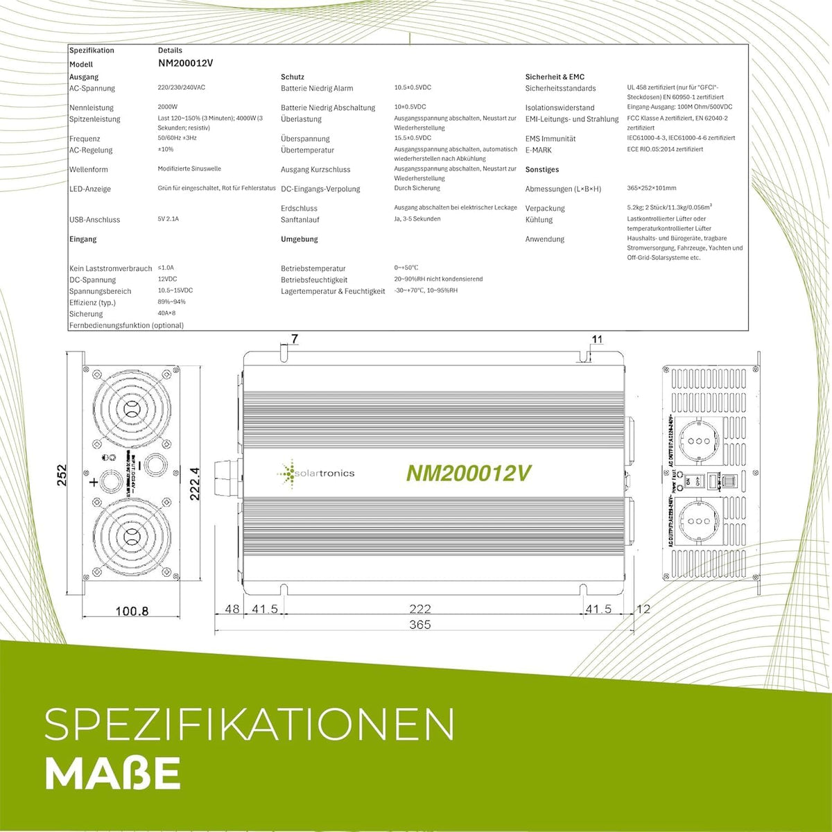 solartronics NM Spanningsomvormer, omvormer, 2000-4000 watt, 12 V naar 230 V, zwart, USB, Schuko, tuin, camping, camper (2000 watt, 12 V)