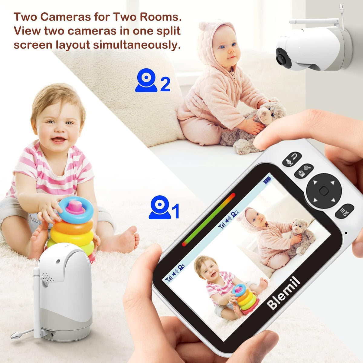 Blemil Monitor voor baby's, met 2 camera's en 30 uur accu Oplaadbaar Audio, 5-inch verdeeld scherm, camera op afstand in de wolk/zoom, tweerichtingsgesprek, nachtzicht, zonder WiFi