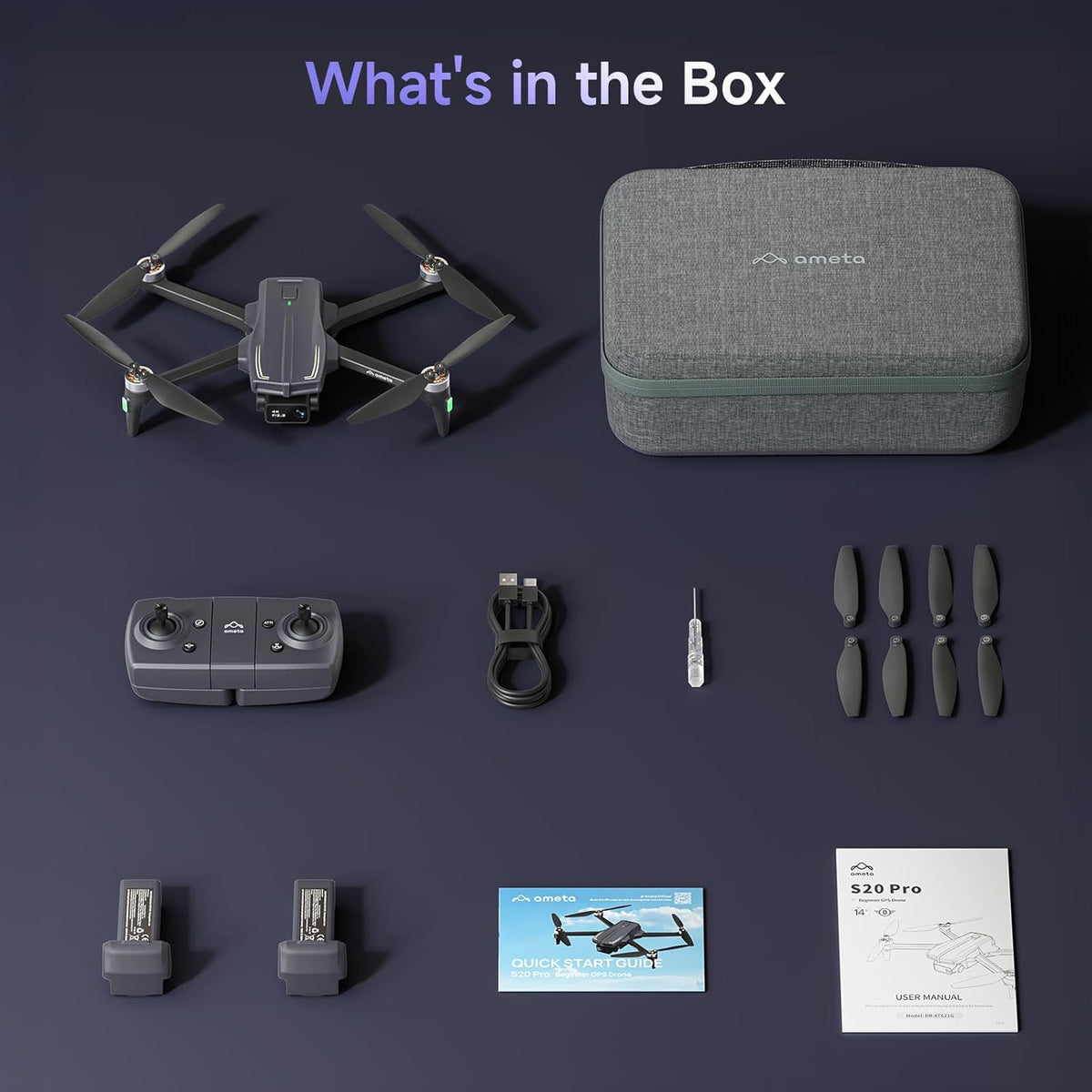 Ameta Drone met Camera 4K Professional, S20 Pro GPS Drone voor Kinderen en Volwassenen met Auto Return/ 50 Minuten Vliegtijd/Follow Me/Intelligente Modus/Gebarenbediening, Onder 249g