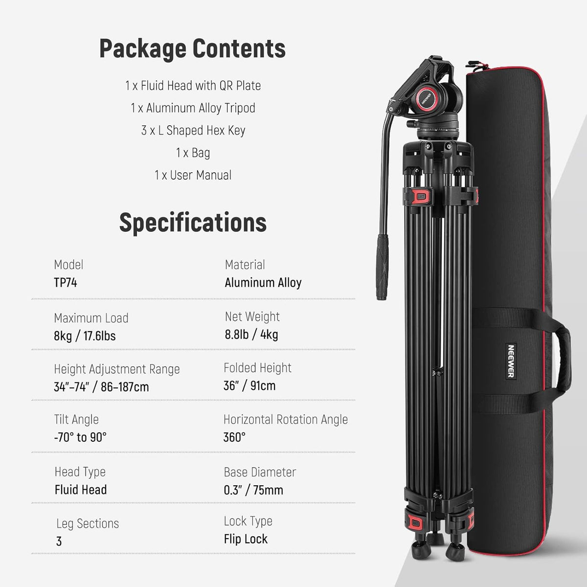 Pro Videostatief 74 Inch – Camerastatief – Fotostatief – Statief Voor Camera – Tripod – Vloeistofkop Met 360° Rotatie – Snelwisselplaat En Max. Belastbaar Tot 8 Kg