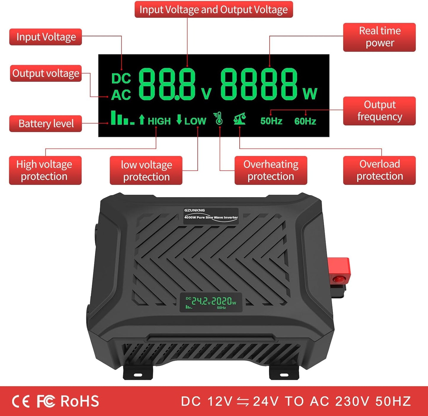 Omvormer 12V/24V Naar 230V – Spanningsomvormer – Zuivere Sinus Omvormer – Inverter – DC Naar AC Omvormer – Automatische 12V/24V Detectie – 2000W Continu, 4000W Piekvermogen