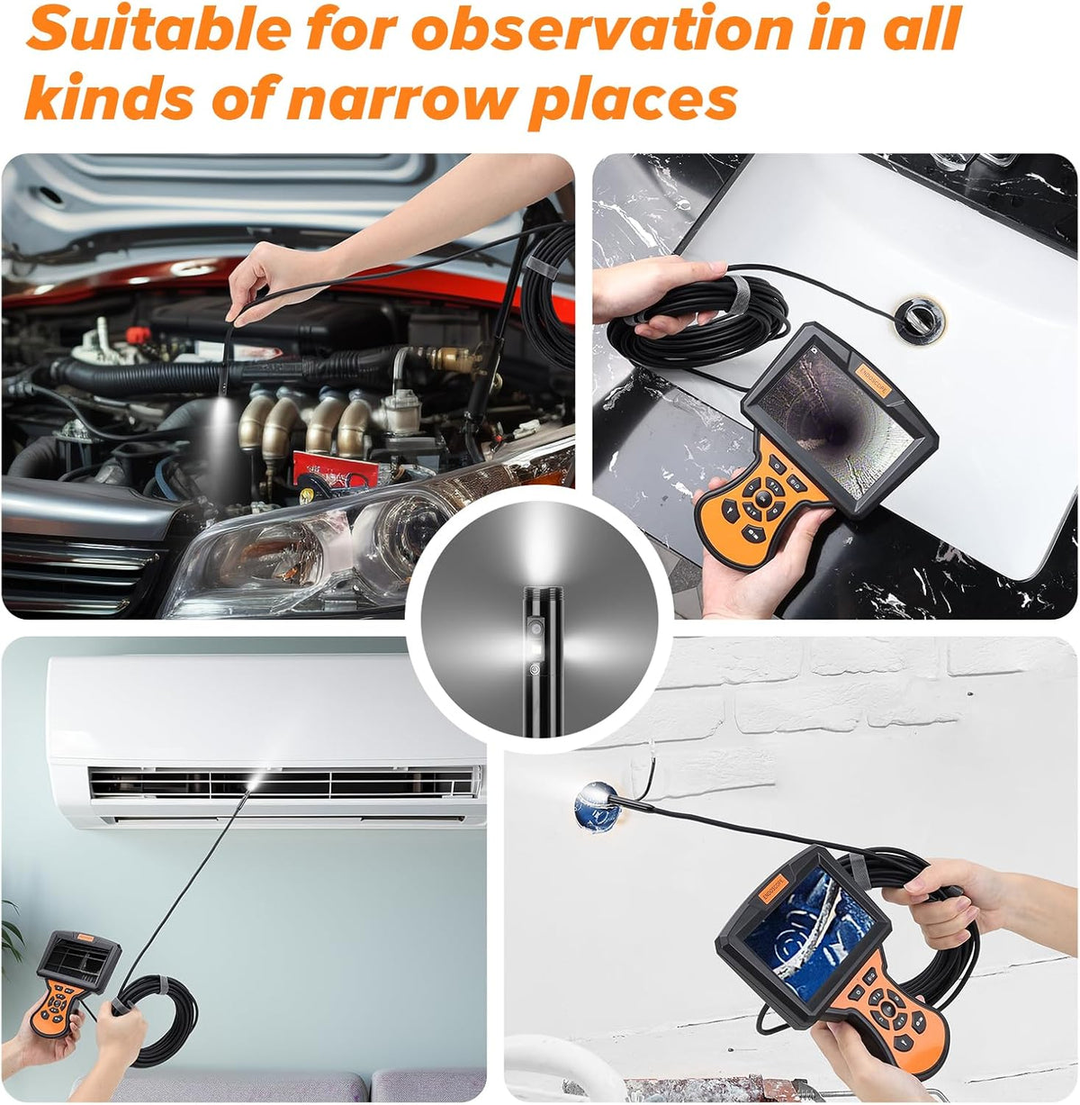 WADEO Triple-Lens Endoscoop Camera met Licht, Professionele Borescope, 33FT Kabel, Grote 5" IPS 1920P HD Screen, Waterdichte IP67, 200W Pixel, Type-C, 32GB TF-kaart