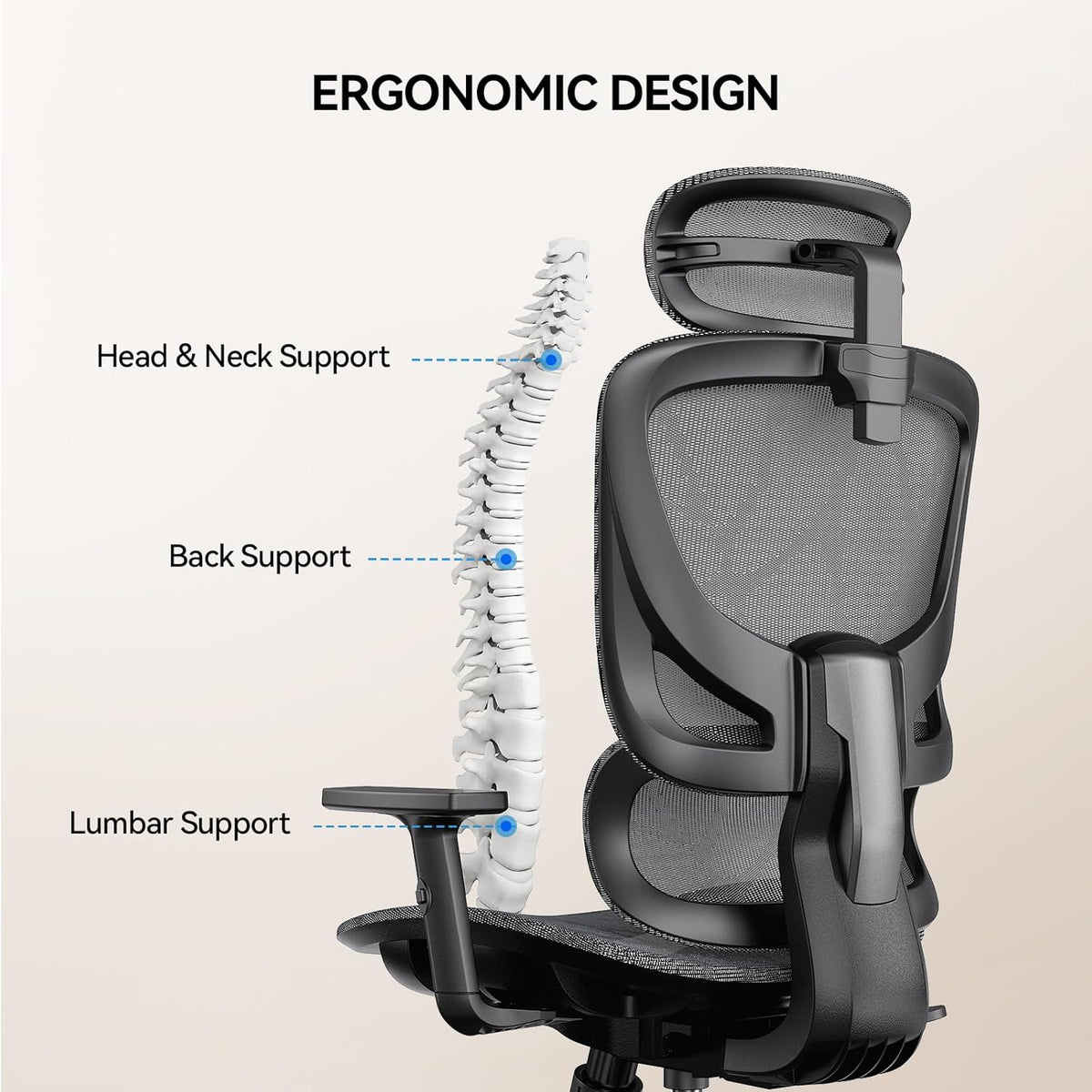 NOBLEWELL Ergonomische bureaustoel met hoge rugleuning, computerstoel van mesh met lendensteun, 3D-armleuning, dubbele rugleuning en verstelbare hoofdsteun