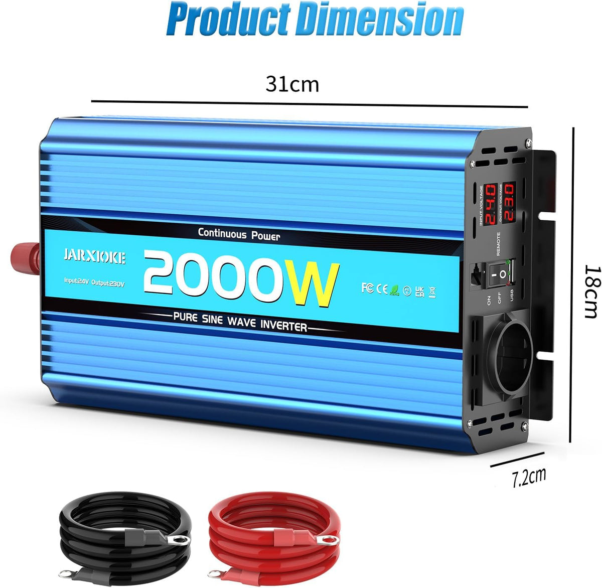 2000 W omvormer, 24 V naar 230 V, zuivere sinus, spanningsomvormer power inverter DC-omvormer met afstandsbediening, AC-stopcontacten, USB-poorten en beeldscherm, led voor camper