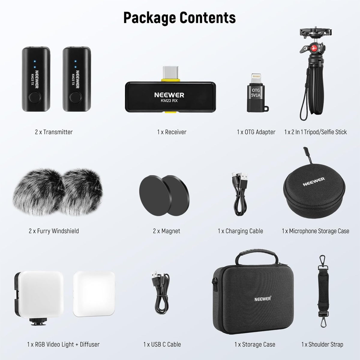 Vlogging kit voor telefoon voor iPhone en Android – Content creator kit – Podcast set – Telefoonstatief – Selfiestick – RGB videolicht 2500K-8500K met 20 effecten – Draadloze lavalier microfoon met ruisonderdrukking en 40 m bereik