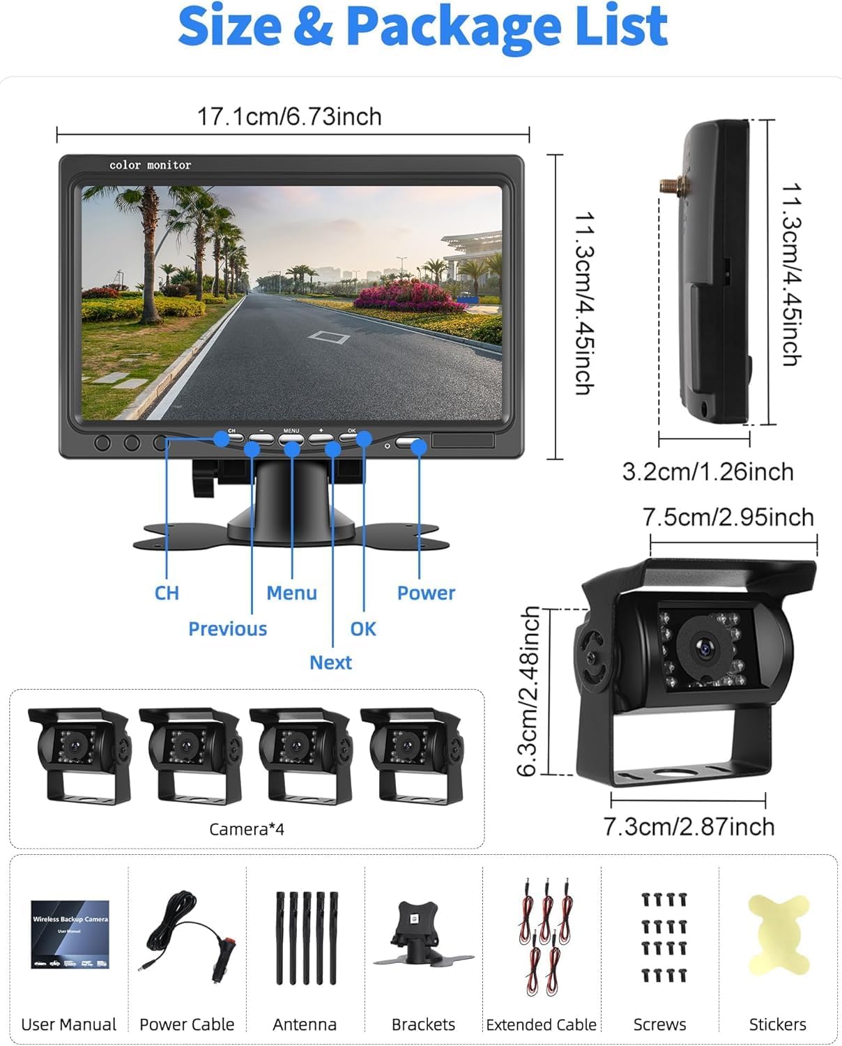 1080P Kabelloses Rückfahrkamerasystem für Wohnmobile, 7-Zoll-Rückfahrkameramonitor für 4 Kanäle mit wasserdichter IP69-Nachtsicht-Front-/Rückfahrkamera für LKW/Wohnmobil/Van/SUV/Pickup mit BSD