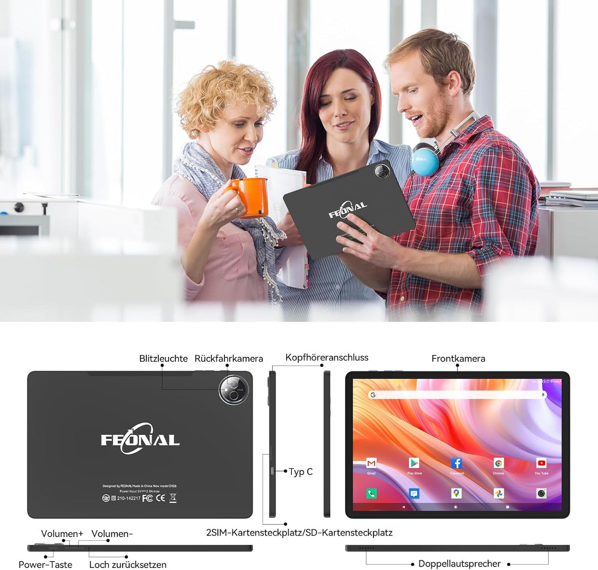 FEONAL 11 Inch Android 15 Tablet Octa-Core 16GB RAM 128GB ROM+1TB, 13MP+8MP Camera, 5G WiFi & Bellen, Met Muis/Toetsenbord/Pen