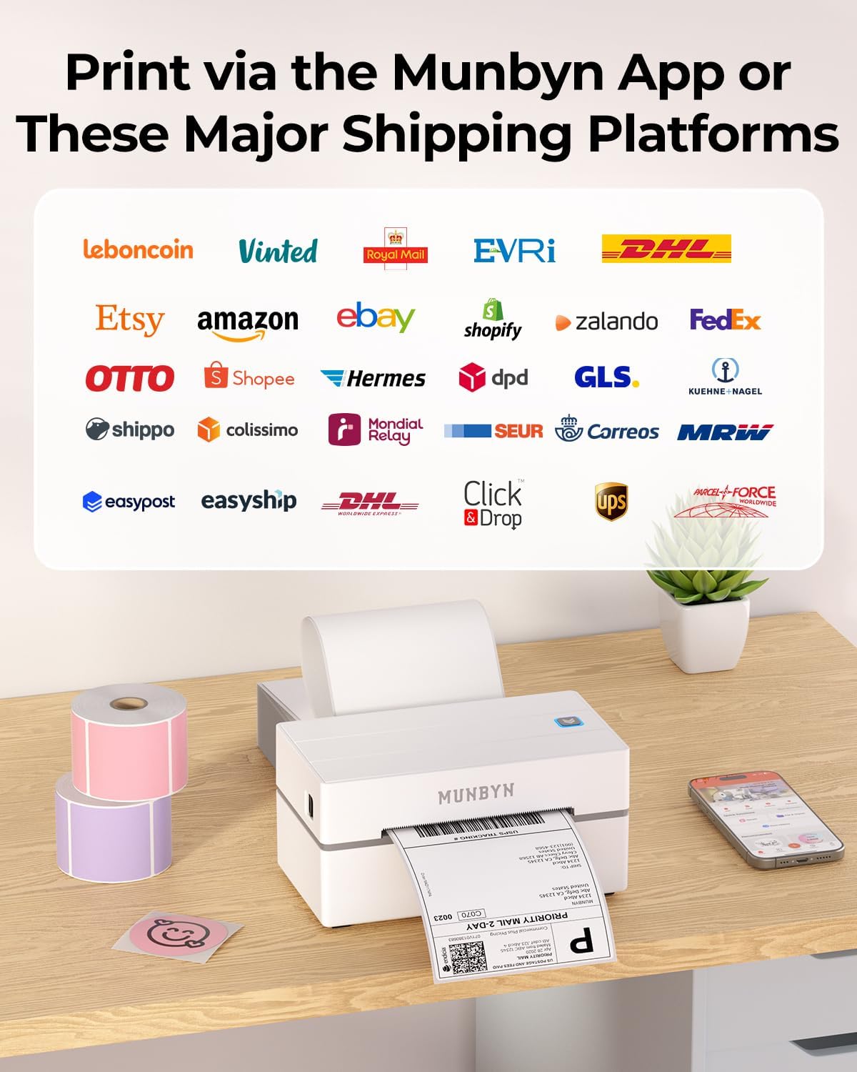 MUNBYN Labelprinter Bluetooth 4x6, Thermische Labelprinter, Ideaal voor kleine bedrijven en thuisgebruik, Compatibel met iOS, Android, Windows, Chromebook, DHL en UPS, Wit