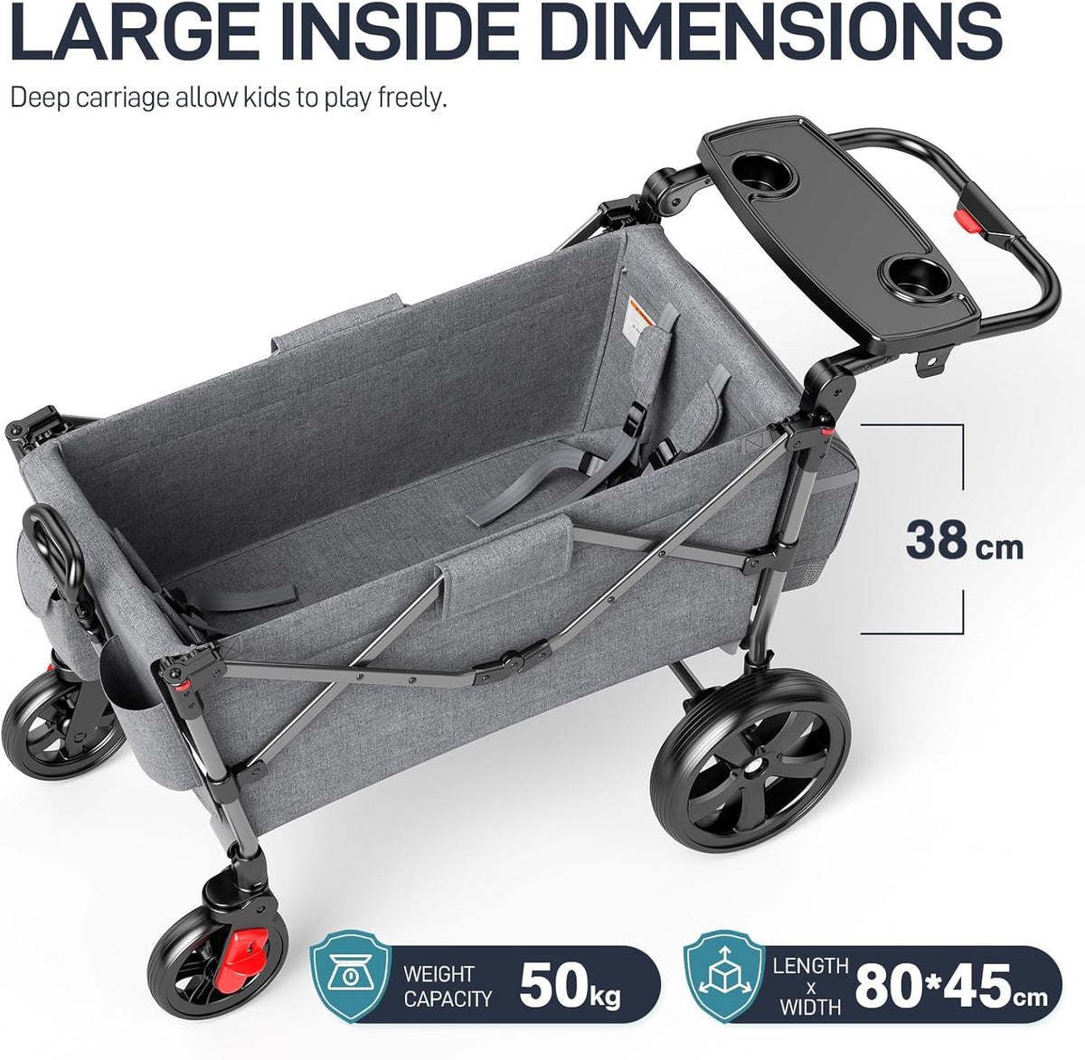 EVER ADVANCED Wagon voor kinderen om in te zitten, kinderwagenwagen voor 2 kinderen met afneembare luifel, trek mee met stoelen 5-punts harnassen, draagbare push-pull kar met verstelbare handgreep
