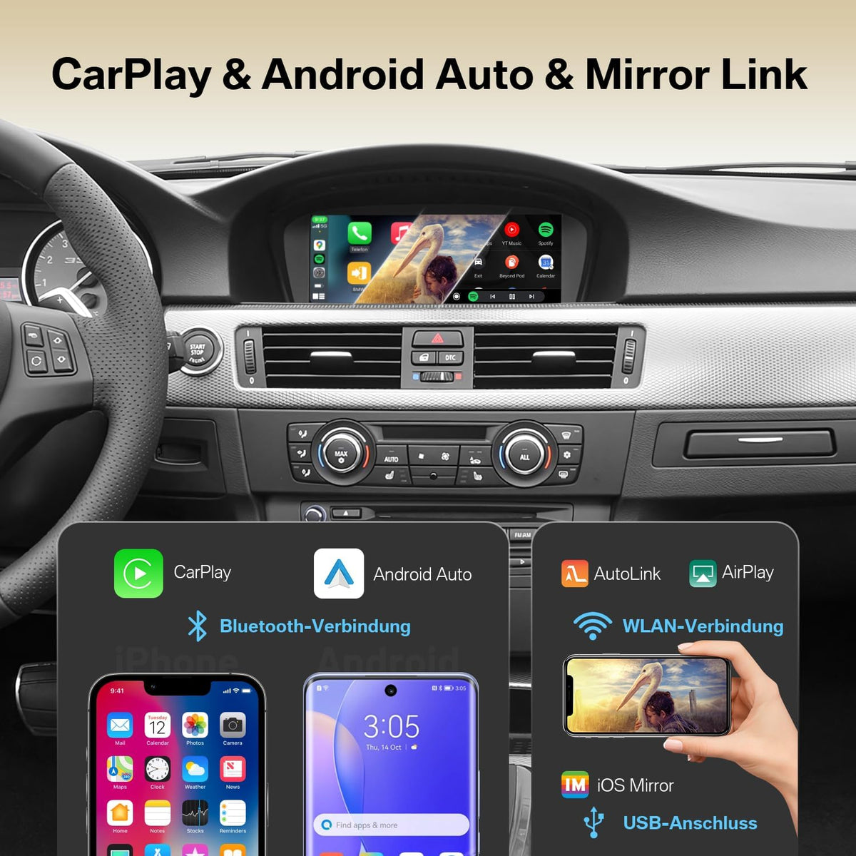 8,8 inch autoradio Linux touchscreen met Android Auto CarPlay voor BMW 3-serie E90/E91/E92/E93 & 5-serie E60/E61 (2008-2013 CIC System iDrive 3.0), originele display-upgrade
