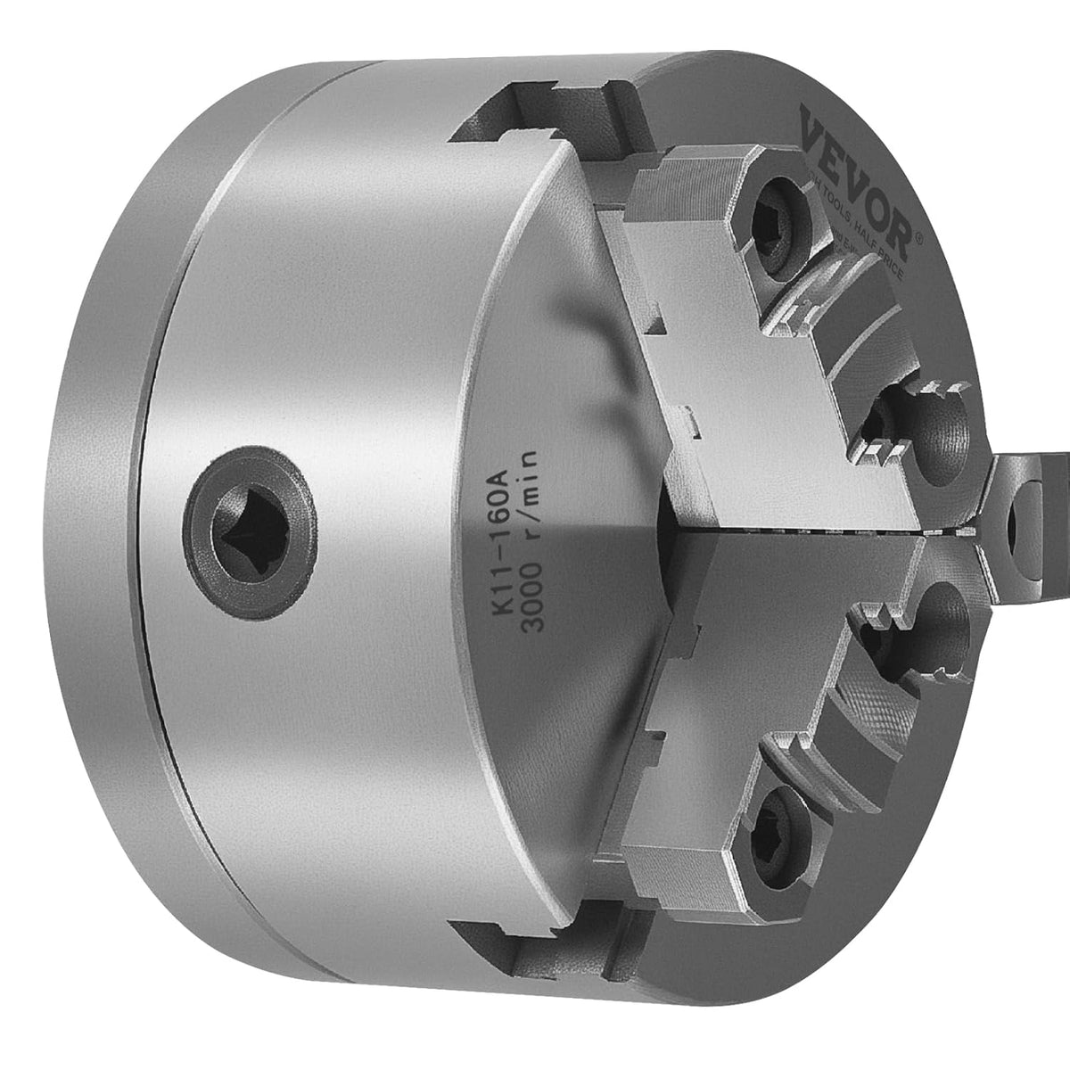 VEVOR 3-jaw lathe holder, 160 mm, self-centering chuck with 1 1/2"-8 threaded support plate, 3-145 mm clamping range with T-wrench screws, HT300 material, for wood-metal lathe