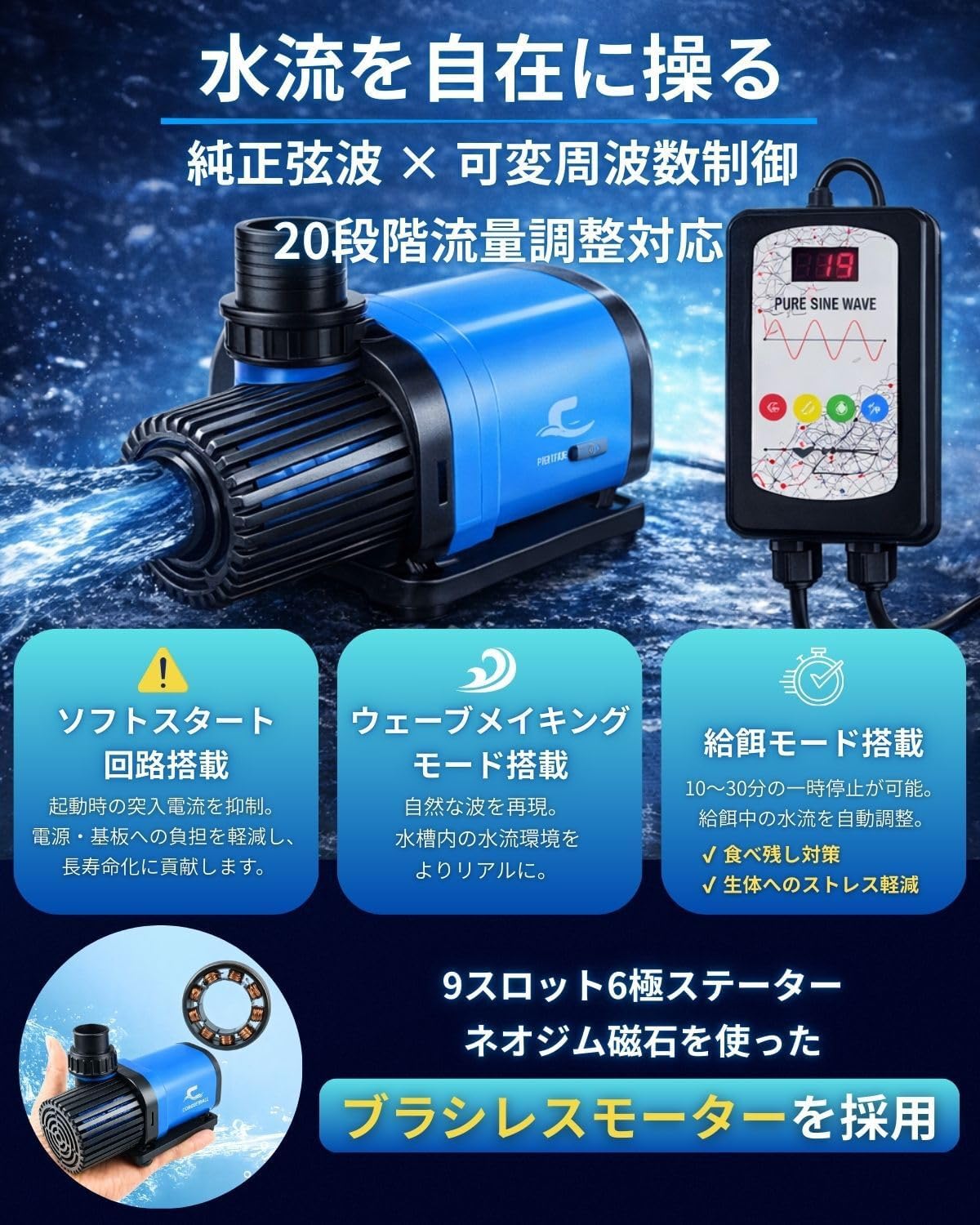 CONQUERALL 980GPH 20W dompelwaterpomp 24V DC rendement pomp variabele frequentie Waterpomp Sinusgolf technologie Suit voor vijver fontein zoetwater en zoutwater