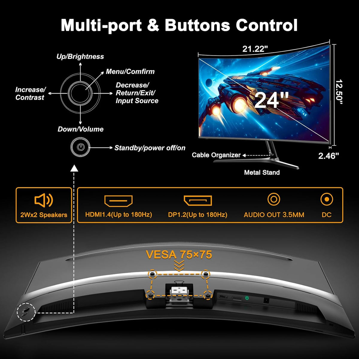 Minifire 24-inch gebogen gamingmonitor 180Hz, ingebouwde luidspreker, FHD 1920x1080, Crosshair 1ms, sRGB130%, HDR, 1500R, FreeSync, 300cd/m², frameloos, HDMI&DP-poorten, VESA-compatibel, oogzorg