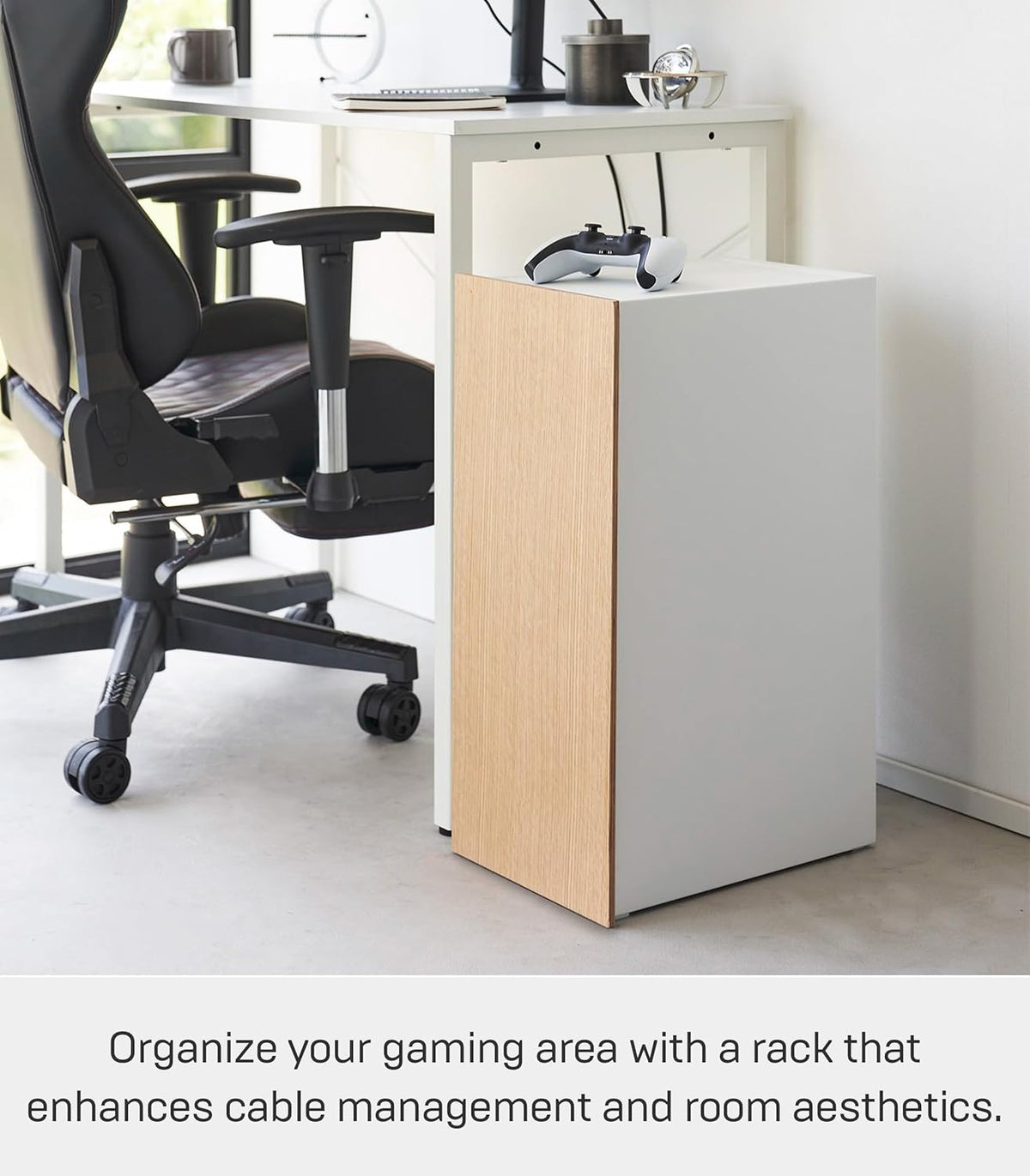 Yamazaki 2109 TOWER Game Console Organizer, white, Steel/Wood/Magnet/Silicone, 24.7 x 36.5 x 60.3 cm