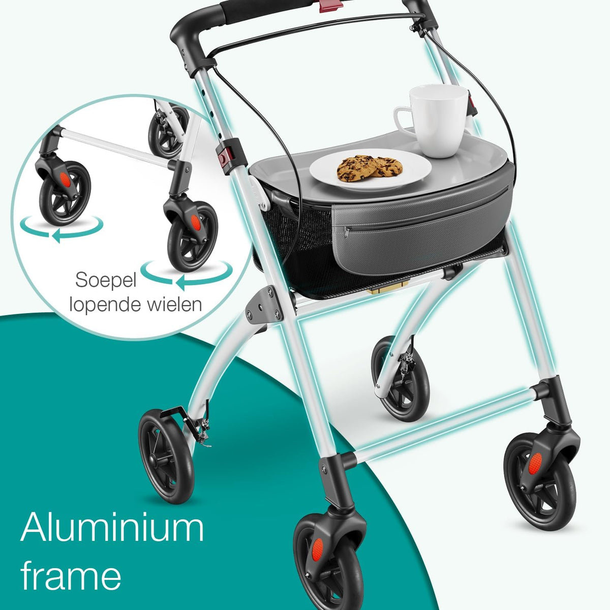 ELONEO Lichtgewicht Rollator voor Binnen - 54 cm Breed, Opvouwbaar Looprek met Dienblad en Stoffen Mandje, Smalle Rollator van Aluminium, Inklapbaar Mobiliteitshulpmiddel, Wit