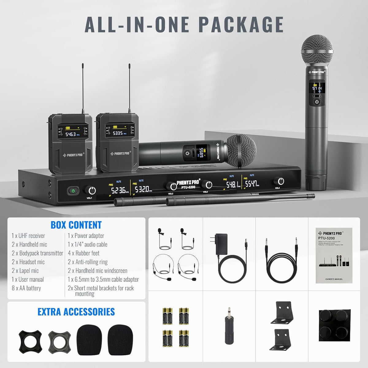 Phenyx Pro Draadloos microfoonsysteem, 4-kanaals draadloze microfoonset met handheld/bodypack/headset/reversmicrofoons, draadloze microfoon voor zingen, karaoke, kerk (PTU-5200B)