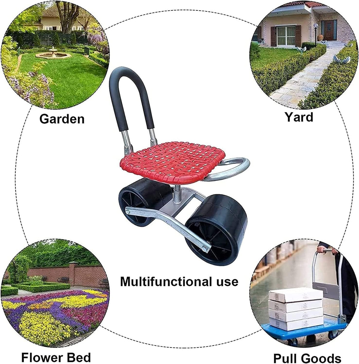 Garden cart - Stool - with 3 wheels - Garden aid - Height adjustable - Red