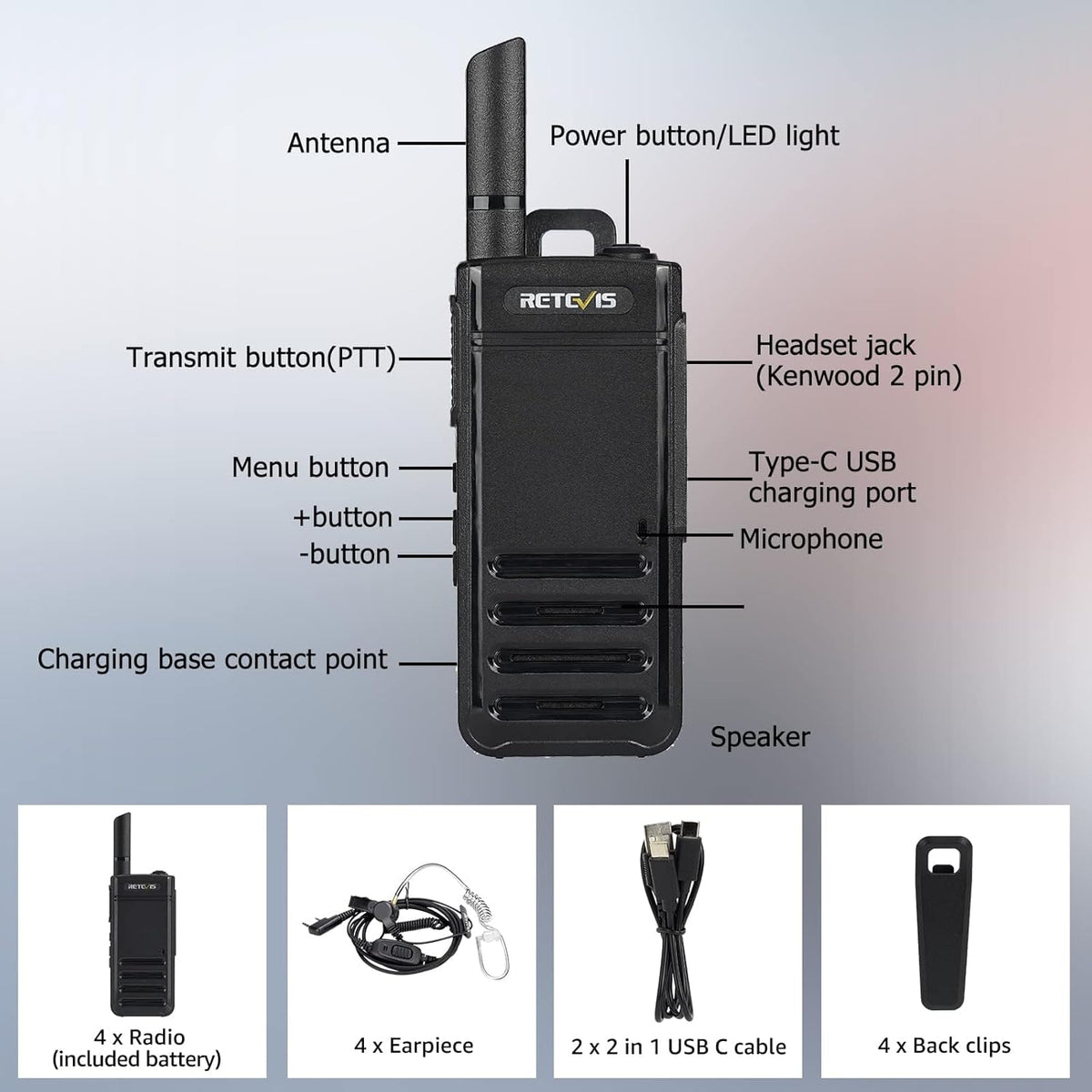 Retevis RB639 Walkie Talkie, PMR446 Professional Portofoon Mini met Oortjes, USB-C, Wireless Clone, Squelch, VOX Walkie Talkie Handsfree voor Restaurant, Detailhandel (4 Stuks, Zwart)