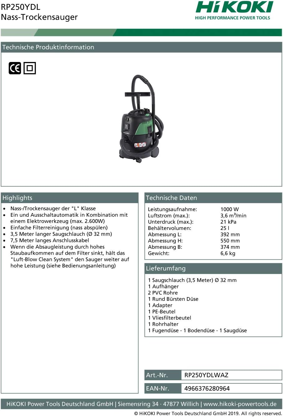 HIKOKI , stofzuiger voor nat drogen, RP250YDL, (1000 watt, 230 V, luchtstroom max.: 3,6 m3/min, containervolume: 25 l, zuigslang 3,5 m Ø 32 mm, aansluitkabel 7,5 m)