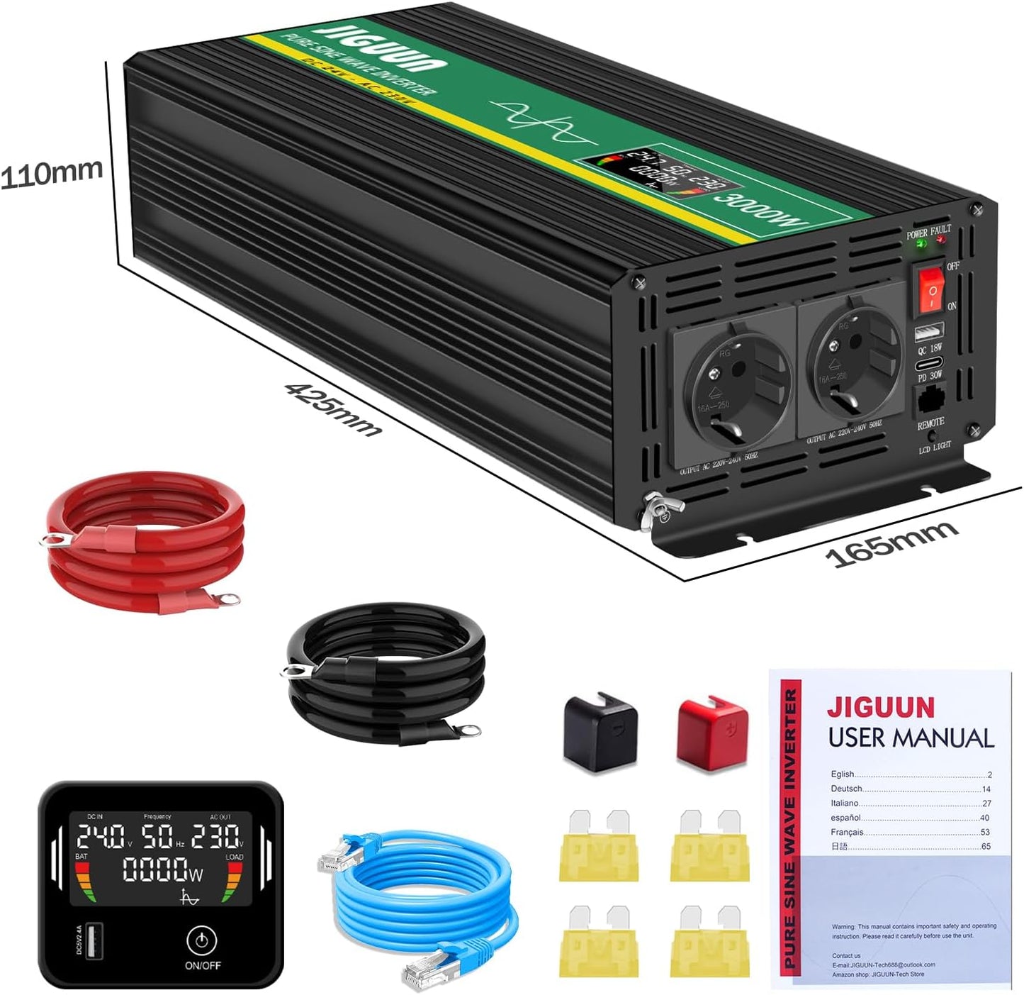 JIGUUN 3000W/4000W omvormer 24v naar 230v zuivere sinus Converter power inverter met afstandsbediening LCD-scherm 2 Eu-stopcontact & 1 USB-poort voor auto, camping, reizen,noodgeval