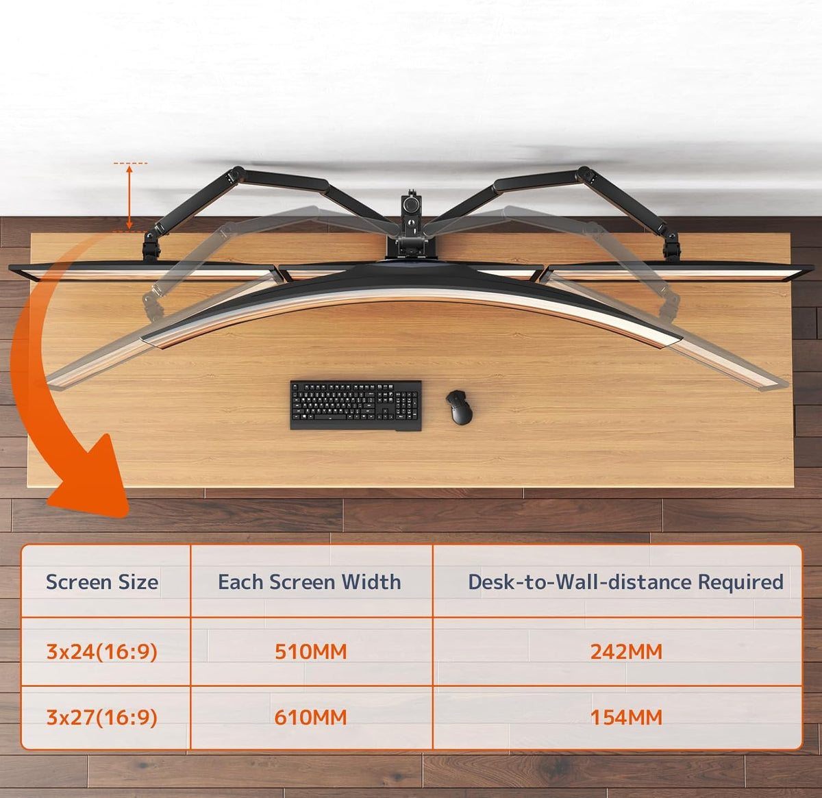 PUTORSEN Monitorhouder 4 monitoren, max. tot 1 x 49 inch en 3 x 27 inch platte en gebogen schermen, 80 cm stang-tafelhouder, verstelbare gestapelde monitorhouder, VESA 75/100